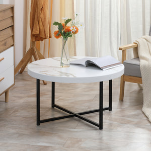 EASYCOMFORT  Tavolino da Caffè Rotondo con Piano Effetto Marmo in MDF e Gambe in Metallo, ?80x45 cm, Bianco