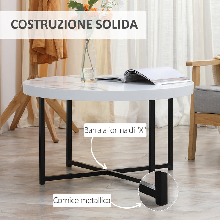 EASYCOMFORT  Tavolino da Caffè Rotondo con Piano Effetto Marmo in MDF e Gambe in Metallo, ?80x45 cm, Bianco