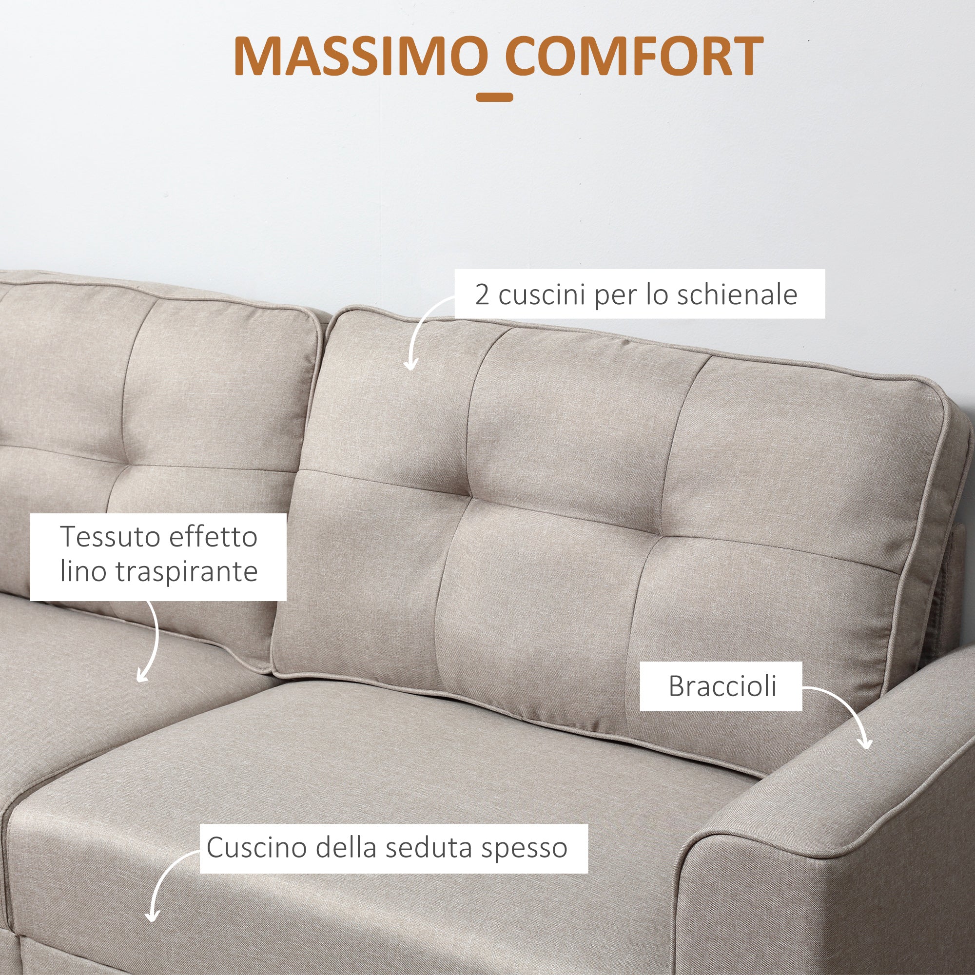 EASYCOMFORT  Divano 2 Posti Moderno Imbottito con Rivestimento in Tessuto con Braccioli, 202x72x91cm, Beige