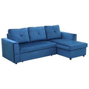 Divano Letto 3 Posti con Chaise Longue Contenitore 232x141x85 cm in Tessuto Effetto Lino Blu