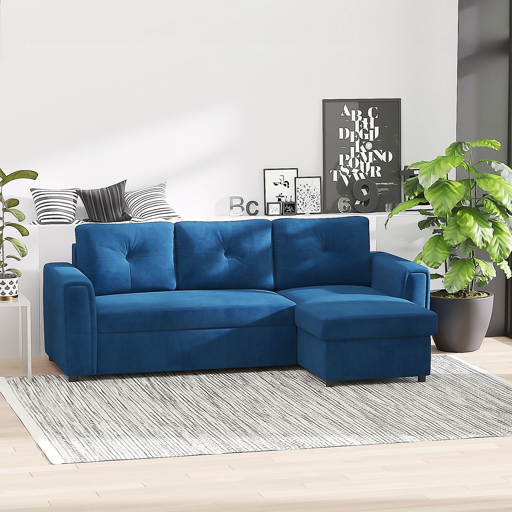 Divano Letto 3 Posti con Chaise Longue Contenitore 232x141x85 cm in Tessuto Effetto Lino Blu