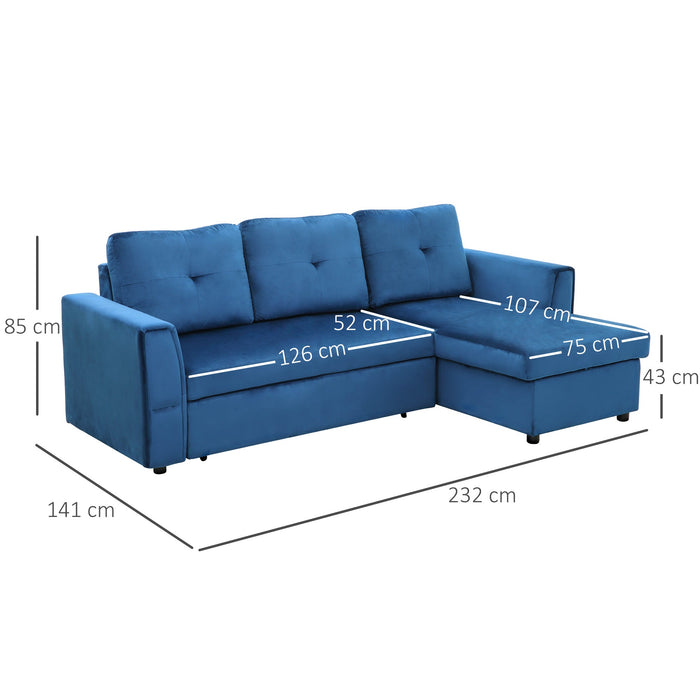 Divano Letto 3 Posti con Chaise Longue Contenitore 232x141x85 cm in Tessuto Effetto Lino Blu