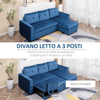 Divano Letto 3 Posti con Chaise Longue Contenitore 232x141x85 cm in Tessuto Effetto Lino Blu