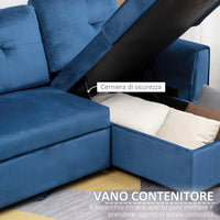 Divano Letto 3 Posti con Chaise Longue Contenitore 232x141x85 cm in Tessuto Effetto Lino Blu