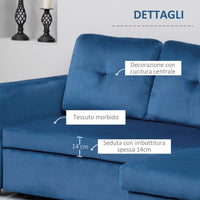 Divano Letto 3 Posti con Chaise Longue Contenitore 232x141x85 cm in Tessuto Effetto Lino Blu