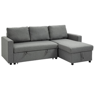 Divano Letto 3 Posti con Chaise Longue Contenitore 211,5x146x85 cm in Tessuto Effetto Lino Grigio