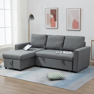 Divano Letto 3 Posti con Chaise Longue Contenitore 211,5x146x85 cm in Tessuto Effetto Lino Grigio