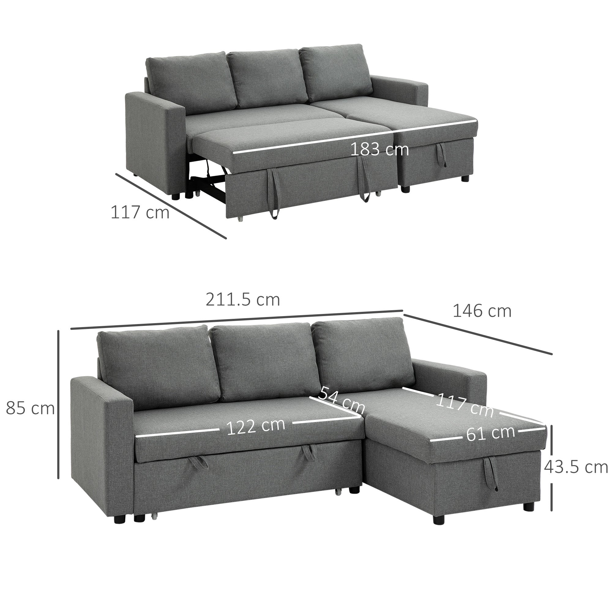 Divano Letto 3 Posti con Chaise Longue Contenitore 211,5x146x85 cm in Tessuto Effetto Lino Grigio