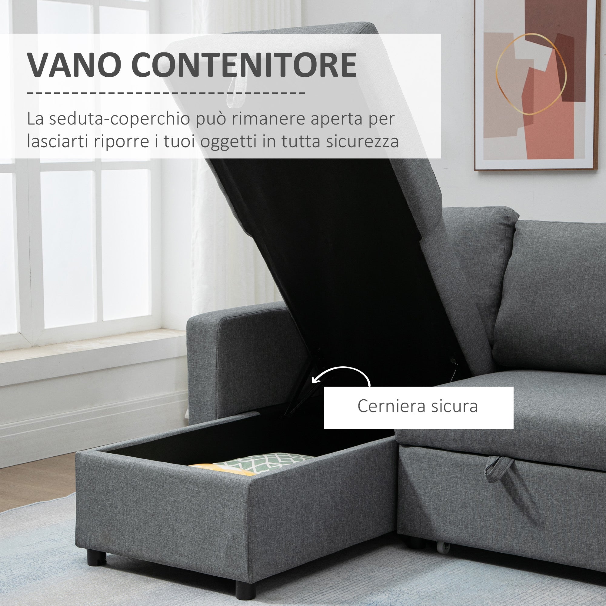 Divano Letto 3 Posti con Chaise Longue Contenitore 211,5x146x85 cm in Tessuto Effetto Lino Grigio