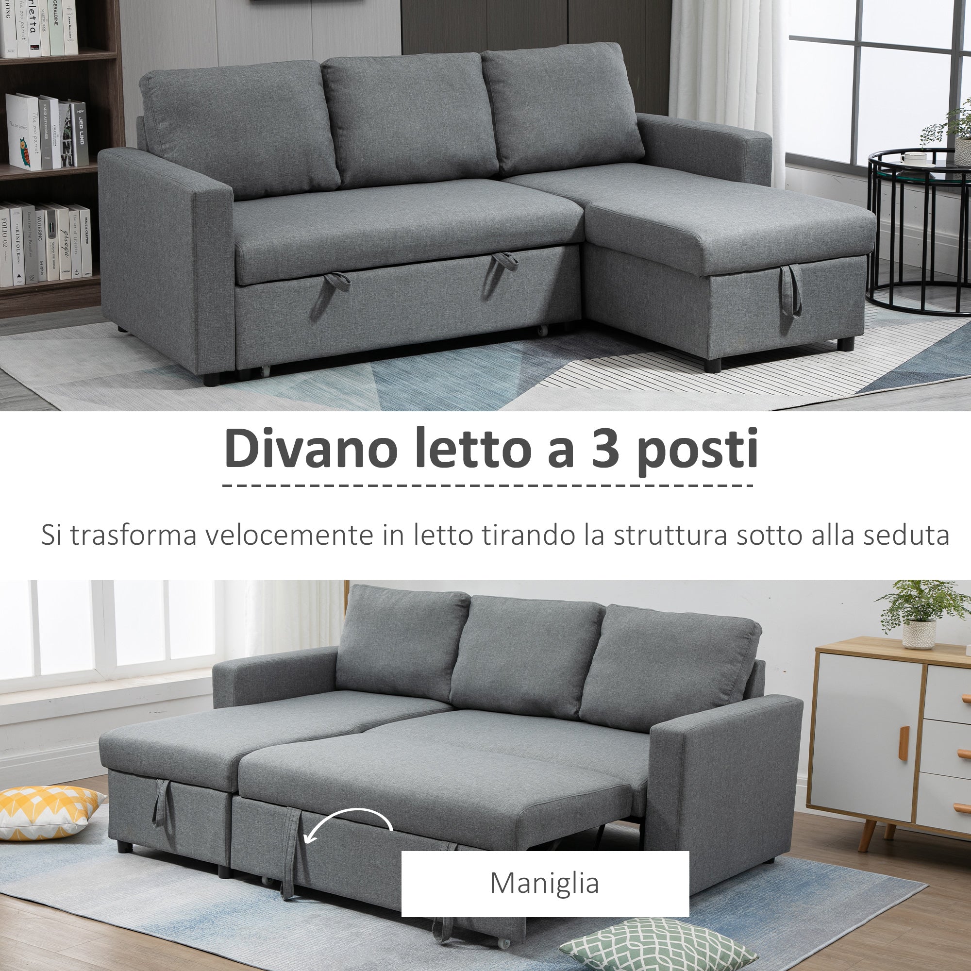 Divano Letto 3 Posti con Chaise Longue Contenitore 211,5x146x85 cm in Tessuto Effetto Lino Grigio