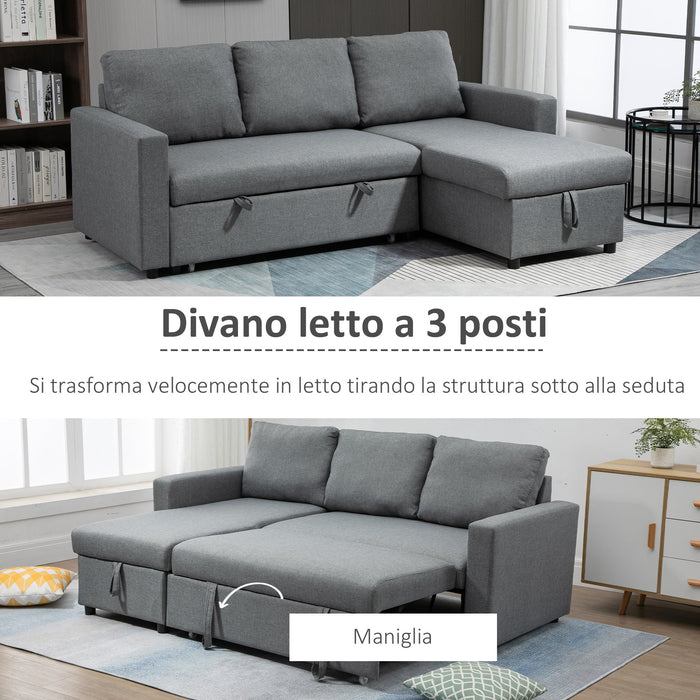 Divano Letto 3 Posti con Chaise Longue Contenitore 211,5x146x85 cm in Tessuto Effetto Lino Grigio