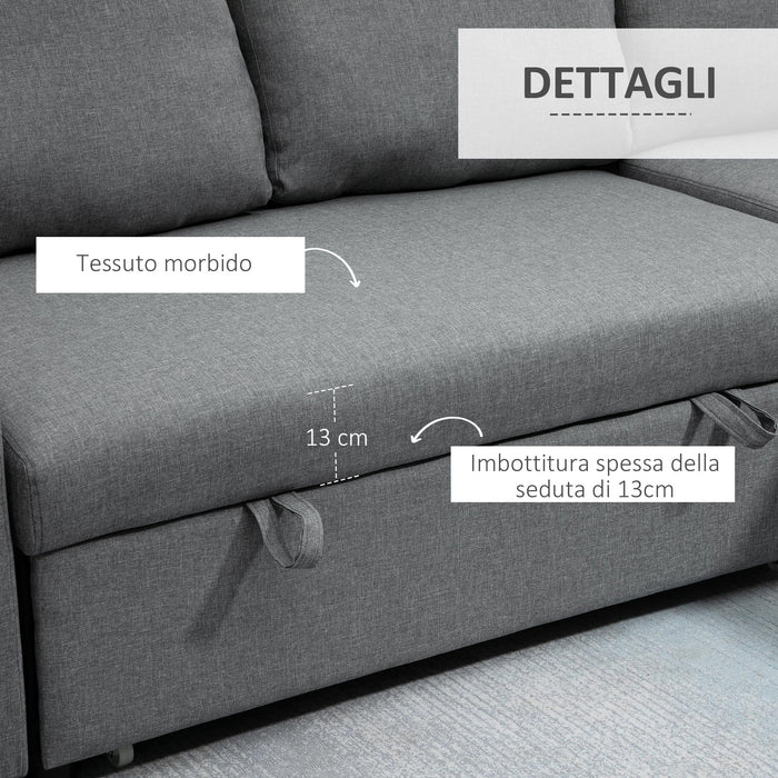 Divano Letto 3 Posti con Chaise Longue Contenitore 211,5x146x85 cm in Tessuto Effetto Lino Grigio