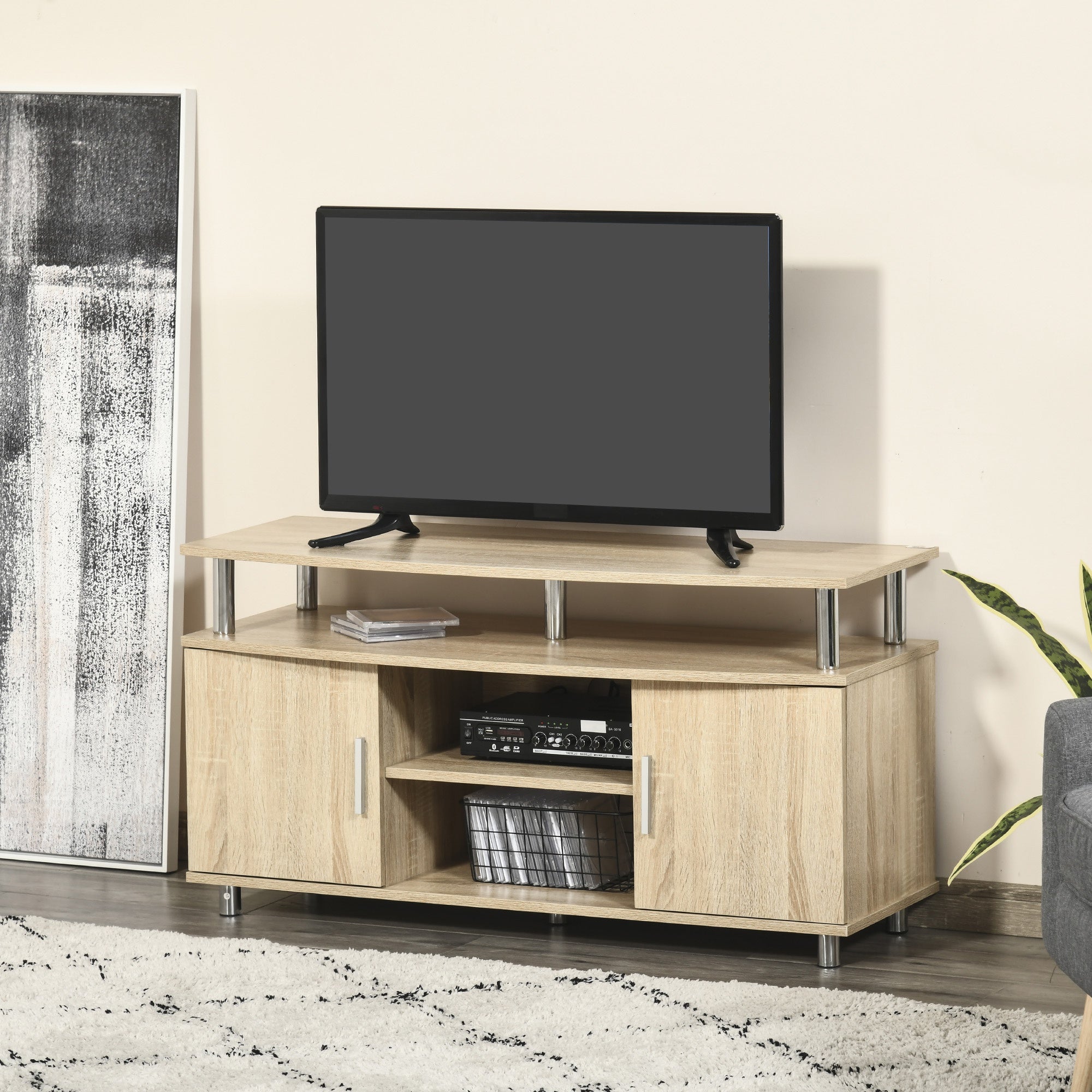 EASYCOMFORT  Mobile TV Moderno con 2 Ripiani, Fori Passacavi e 2 Armadietti in MDF 105x40x55cm - Rovere