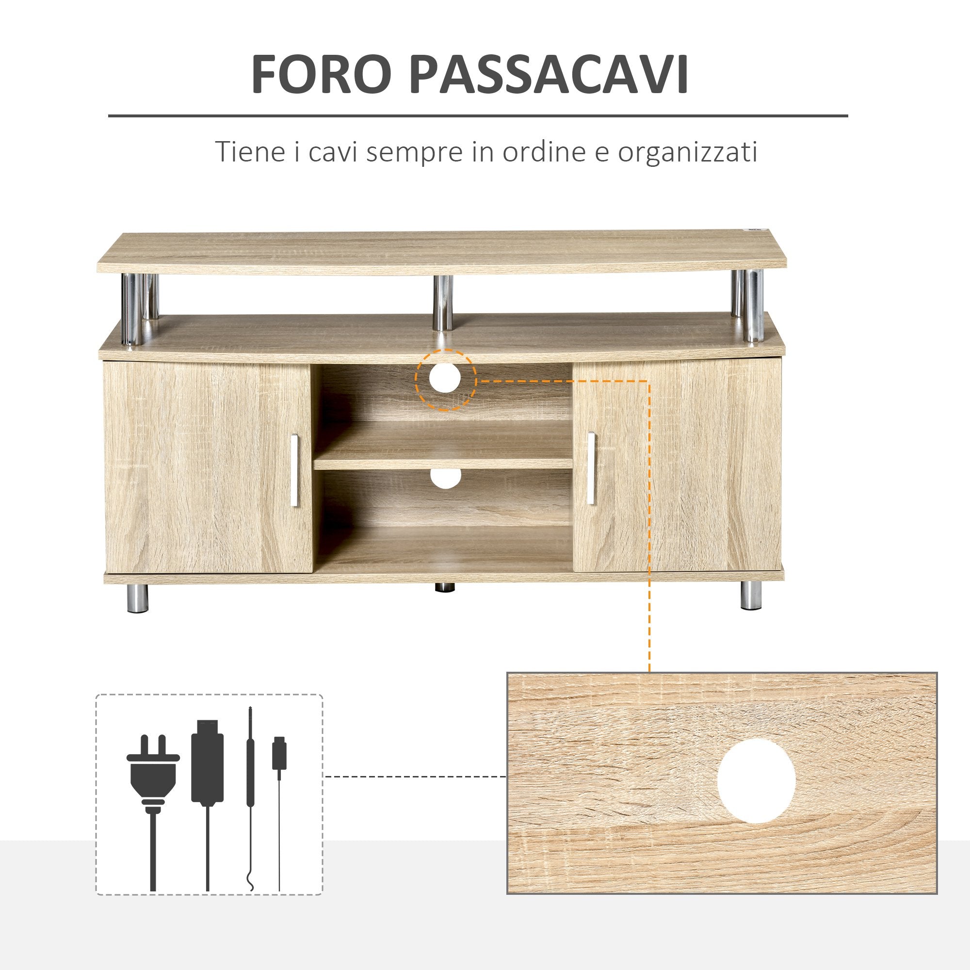 EASYCOMFORT  Mobile TV Moderno con 2 Ripiani, Fori Passacavi e 2 Armadietti in MDF 105x40x55cm - Rovere