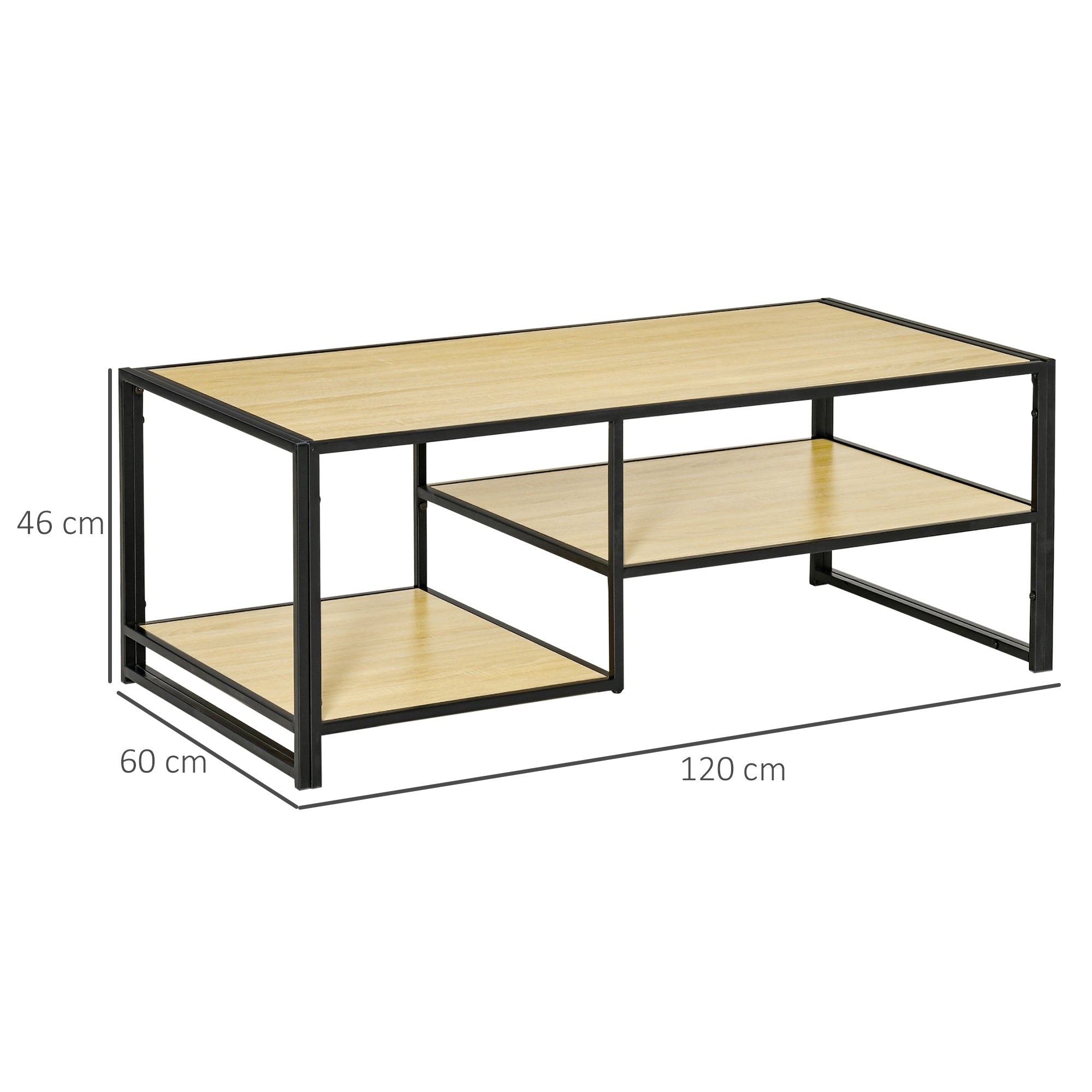 Tavolino da Caffè 3 Ripiani 120x60x46 cm in Acciaio e MDF Quercia