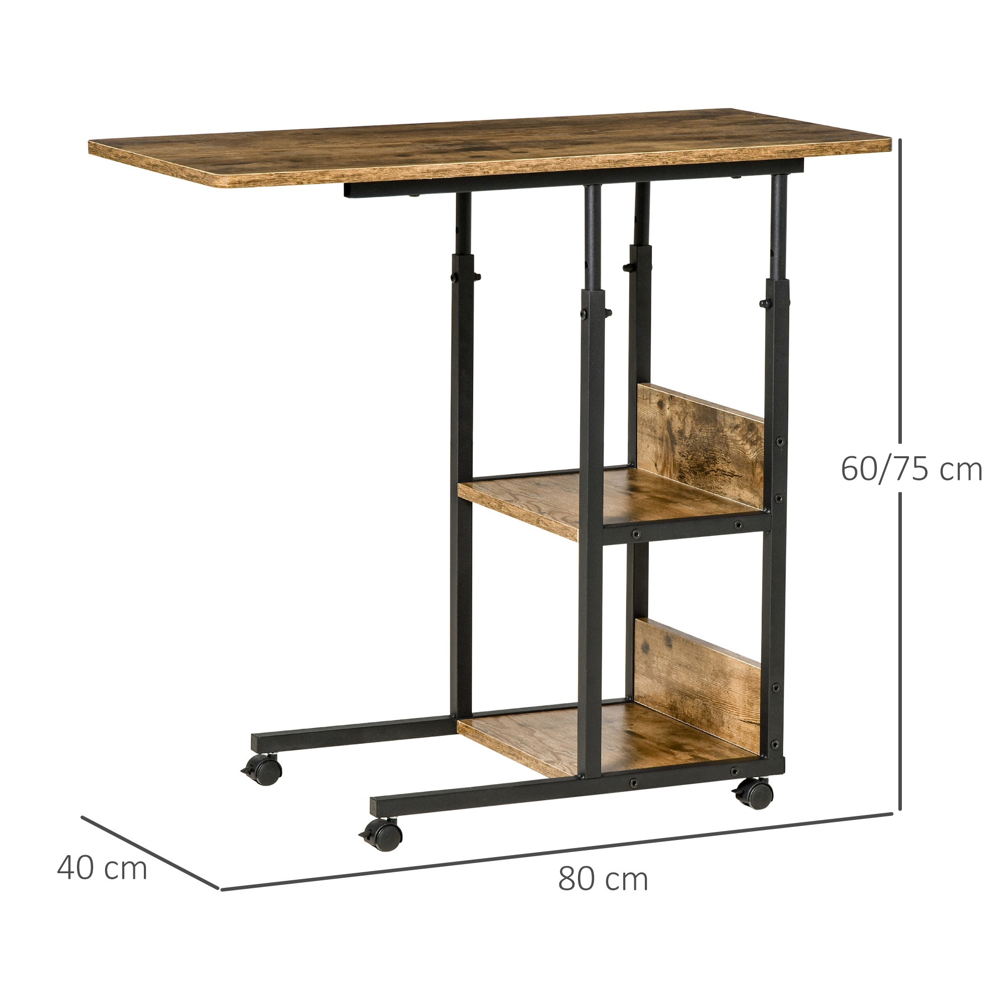 Comodino 2 Ripiani 80x40x60-75 cm in MDF e Acciaio Marrone Rustico