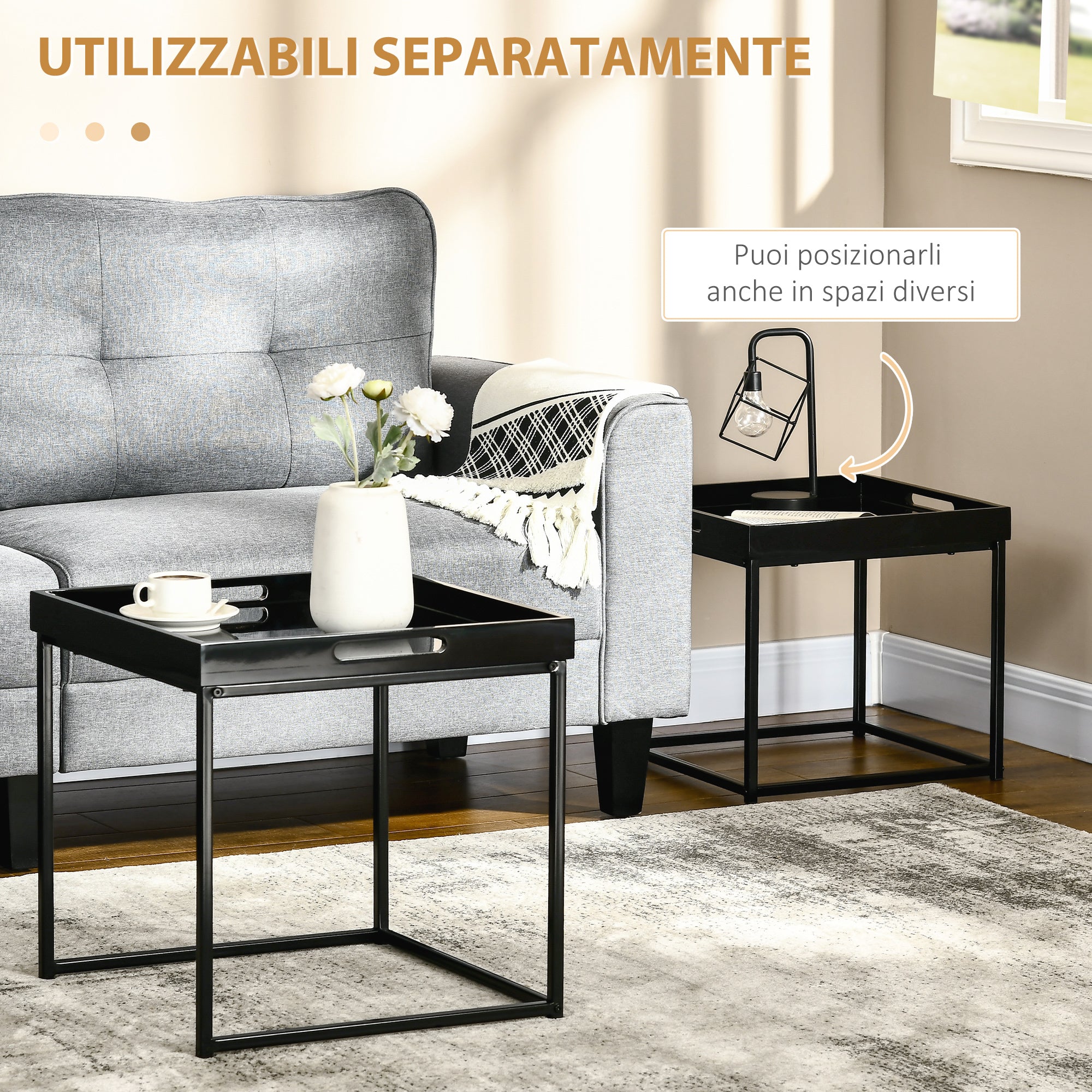 EASYCOMFORT  Set da 2 Tavolini da Caffè Impilabili con Finitura Lucida e Telaio in Acciaio, Nero