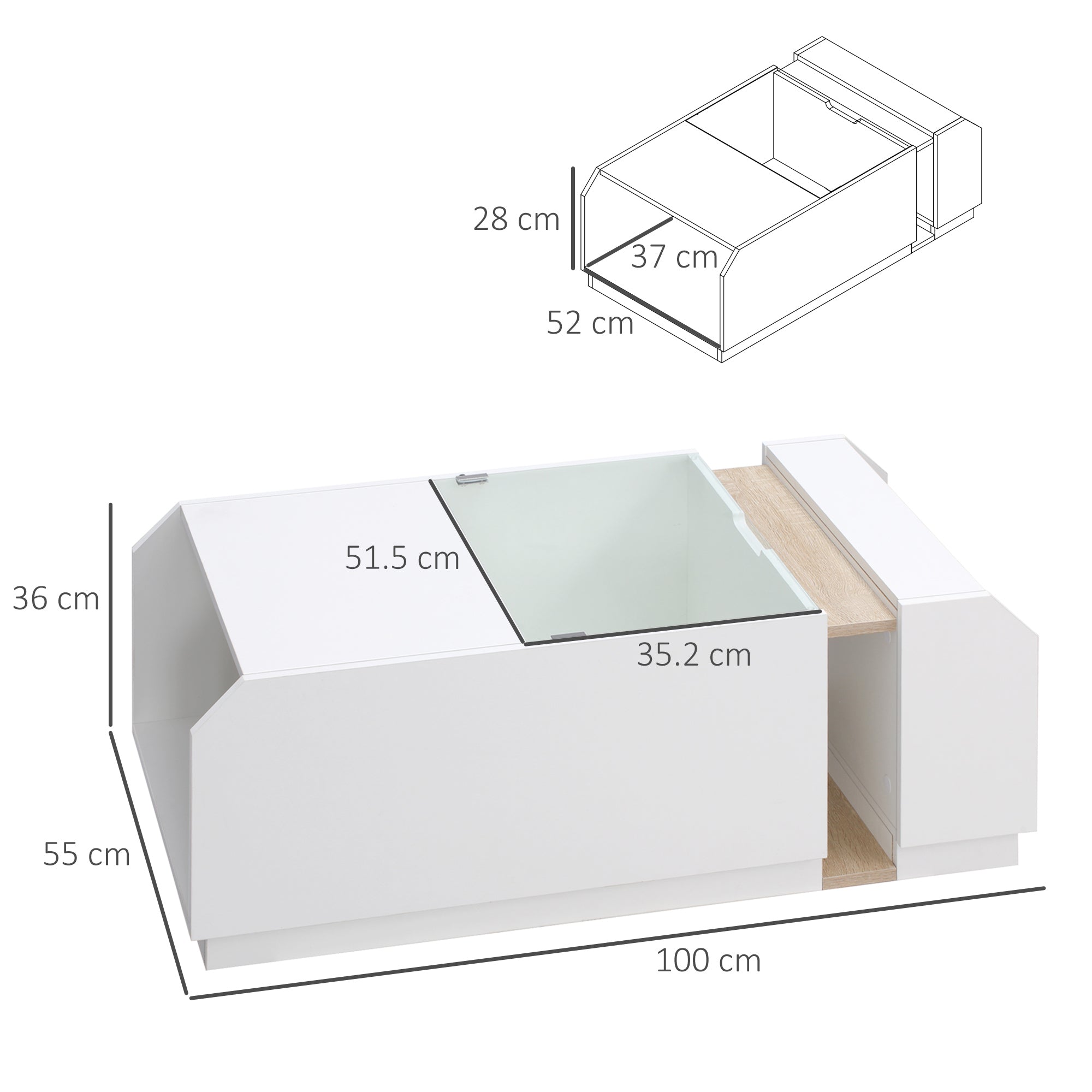 EASYCOMFORT  Tavolino da Salotto Moderno con Ripiani e Scomparti Nascosti in Legno e Vetro, 100x55x36cm