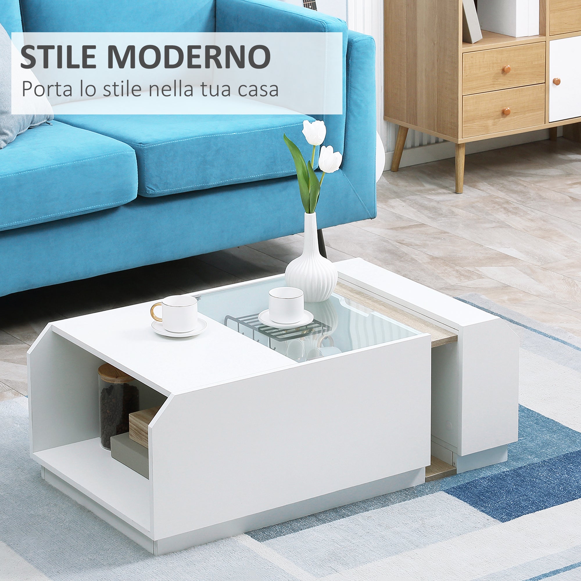 EASYCOMFORT  Tavolino da Salotto Moderno con Ripiani e Scomparti Nascosti in Legno e Vetro, 100x55x36cm