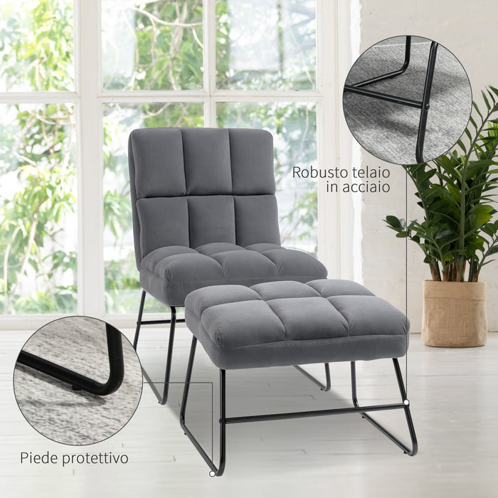 EASYCOMFORT  Poltrona Relax con Poggiapiedi per Interni, Set 2 Pezzi in Effetto Velluto e Metallo, Grigia