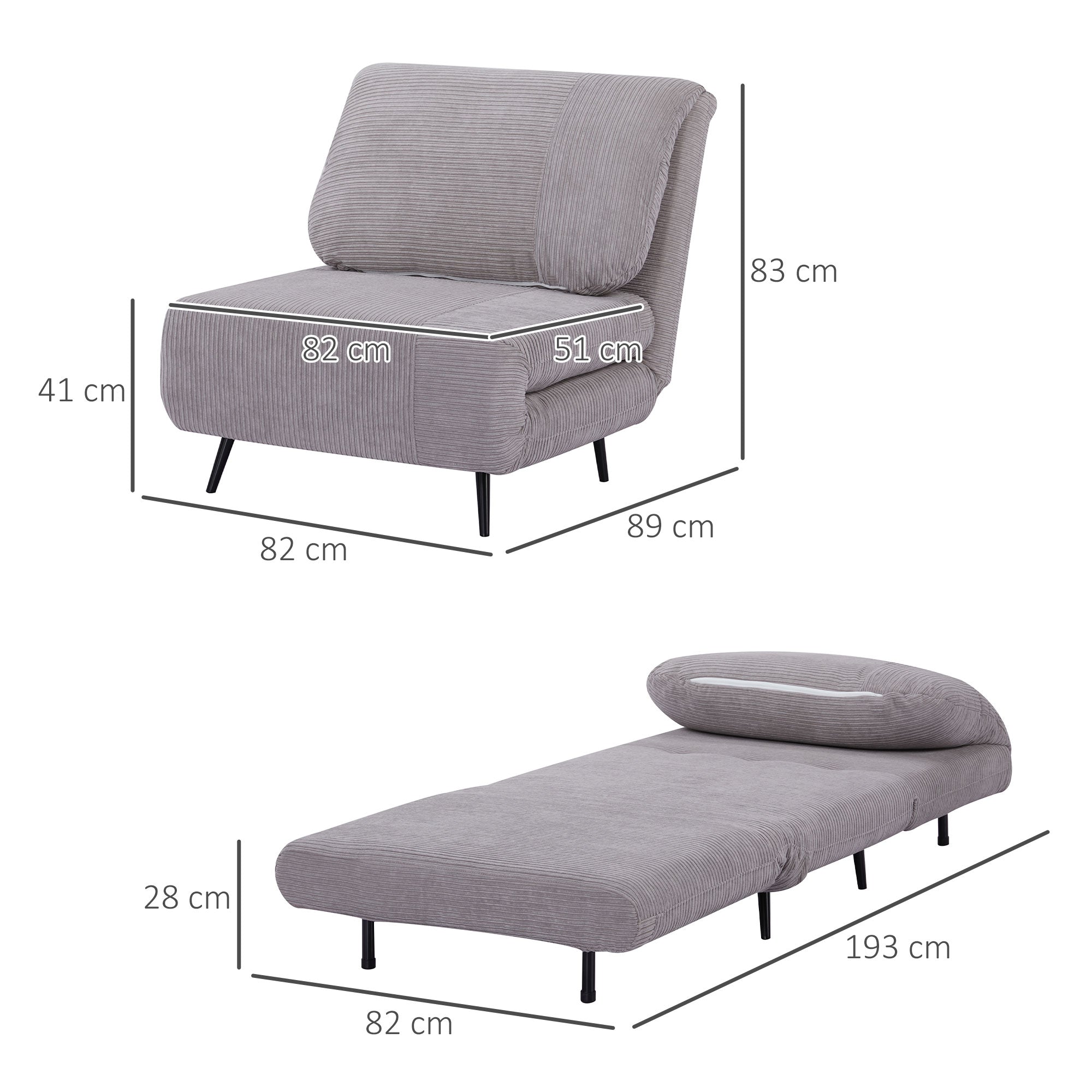 EASYCOMFORT  Poltrona Letto 2 in 1 Singola, Schienale Regolabile su 3 Livelli e Imbottito, Struttura in Legno e Acciaio