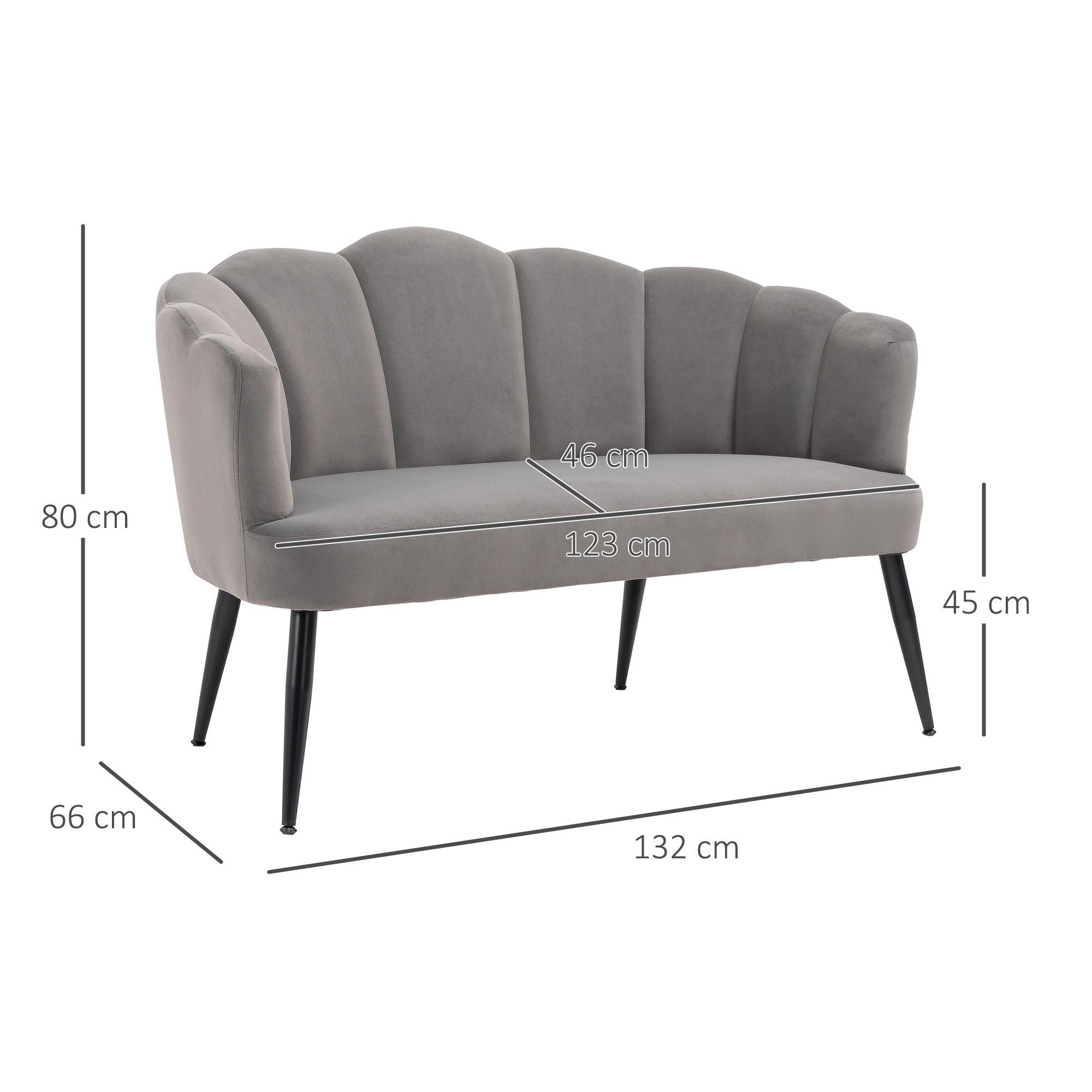 EASYCOMFORT  Divano 2 Posti in Velluto con Gambe in Metallo e Schienale a Conchiglia, 132x66x80cm, Grigio