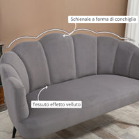 EASYCOMFORT  Divano 2 Posti in Velluto con Gambe in Metallo e Schienale a Conchiglia, 132x66x80cm, Grigio