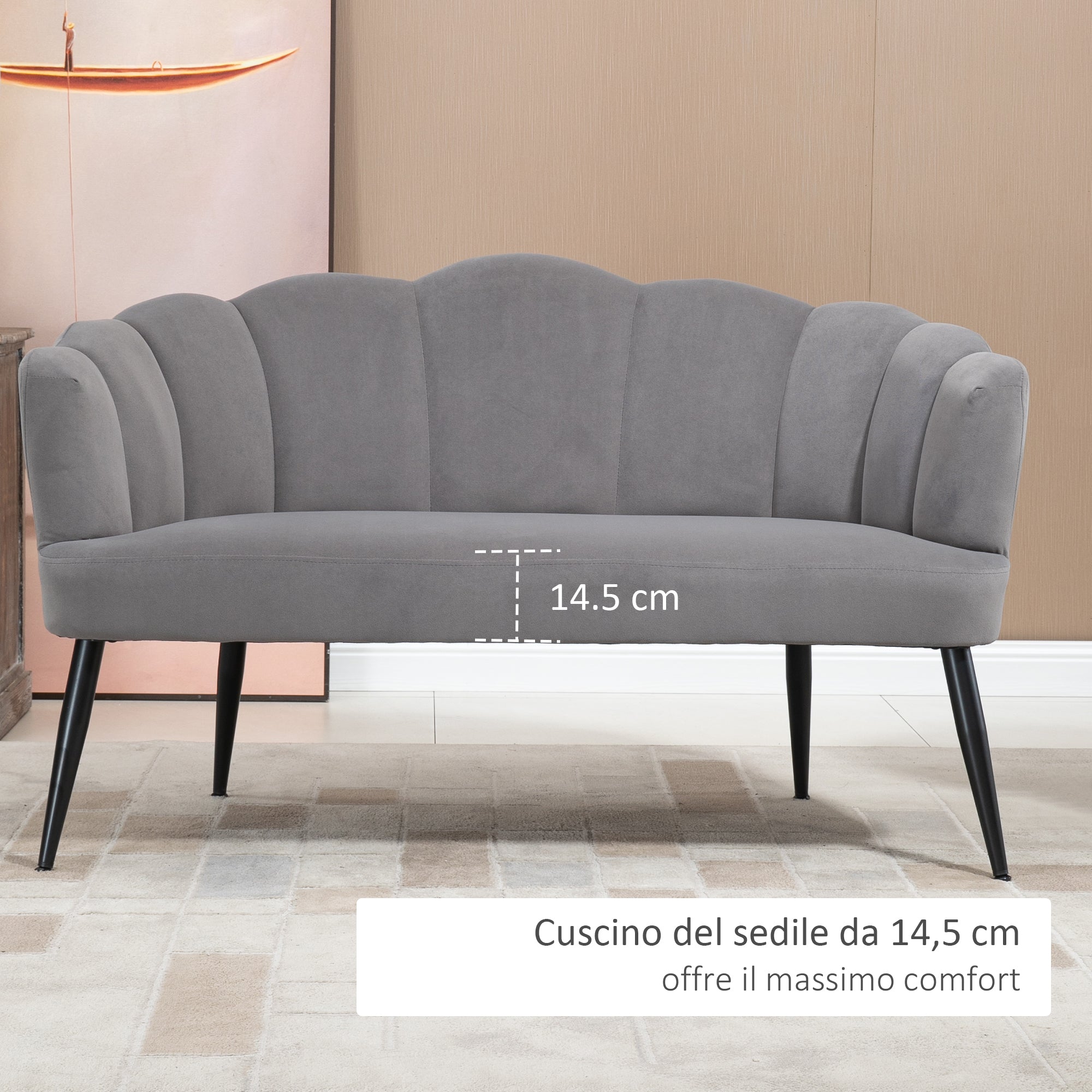 EASYCOMFORT  Divano 2 Posti in Velluto con Gambe in Metallo e Schienale a Conchiglia, 132x66x80cm, Grigio