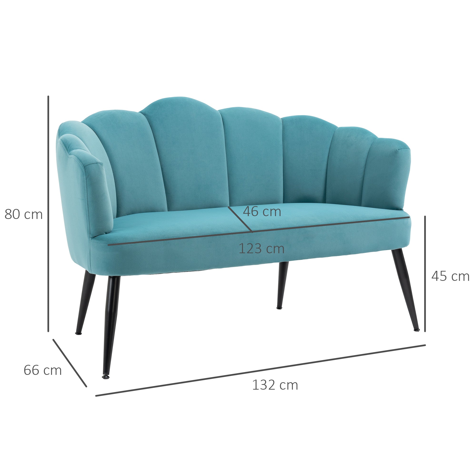 EASYCOMFORT  Divano 2 Posti in Velluto con Gambe in Metallo e Schienale a Conchiglia, 132x66x80cm, Verde