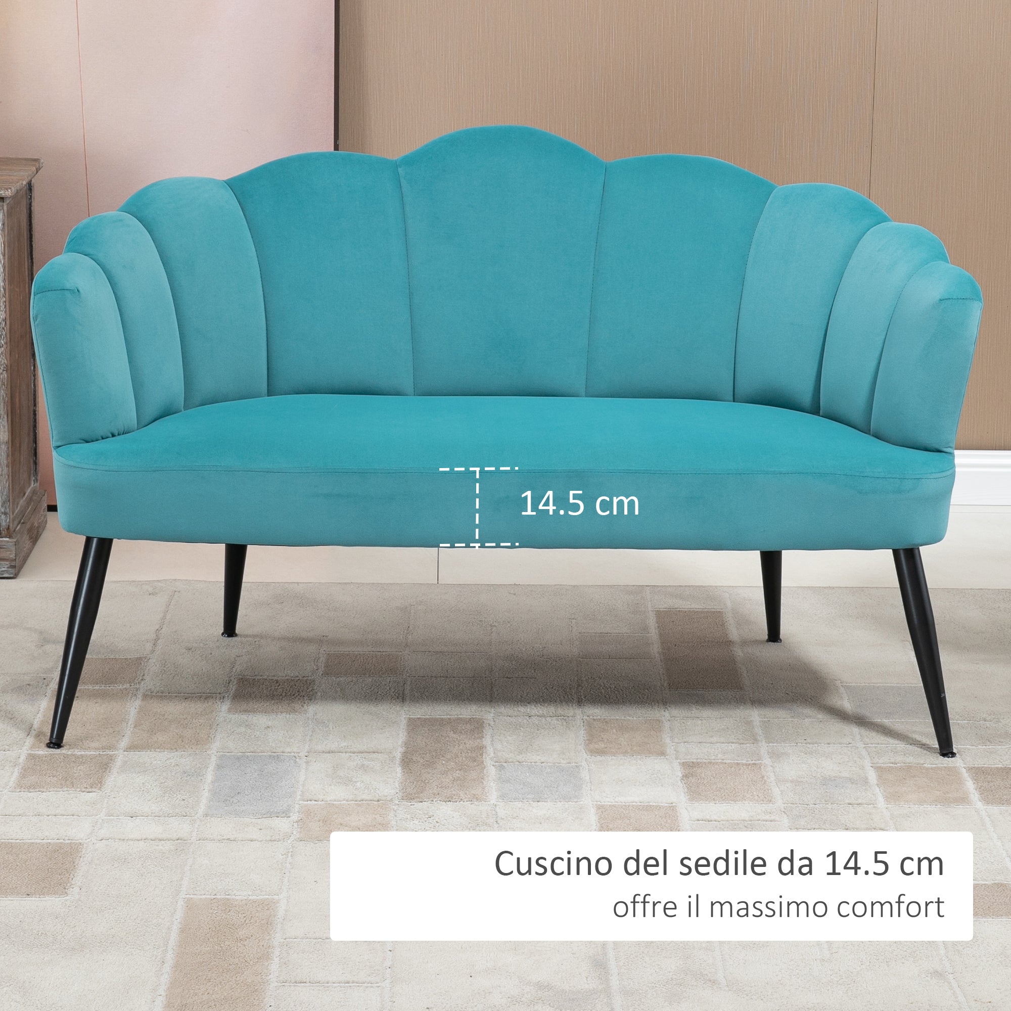 EASYCOMFORT  Divano 2 Posti in Velluto con Gambe in Metallo e Schienale a Conchiglia, 132x66x80cm, Verde