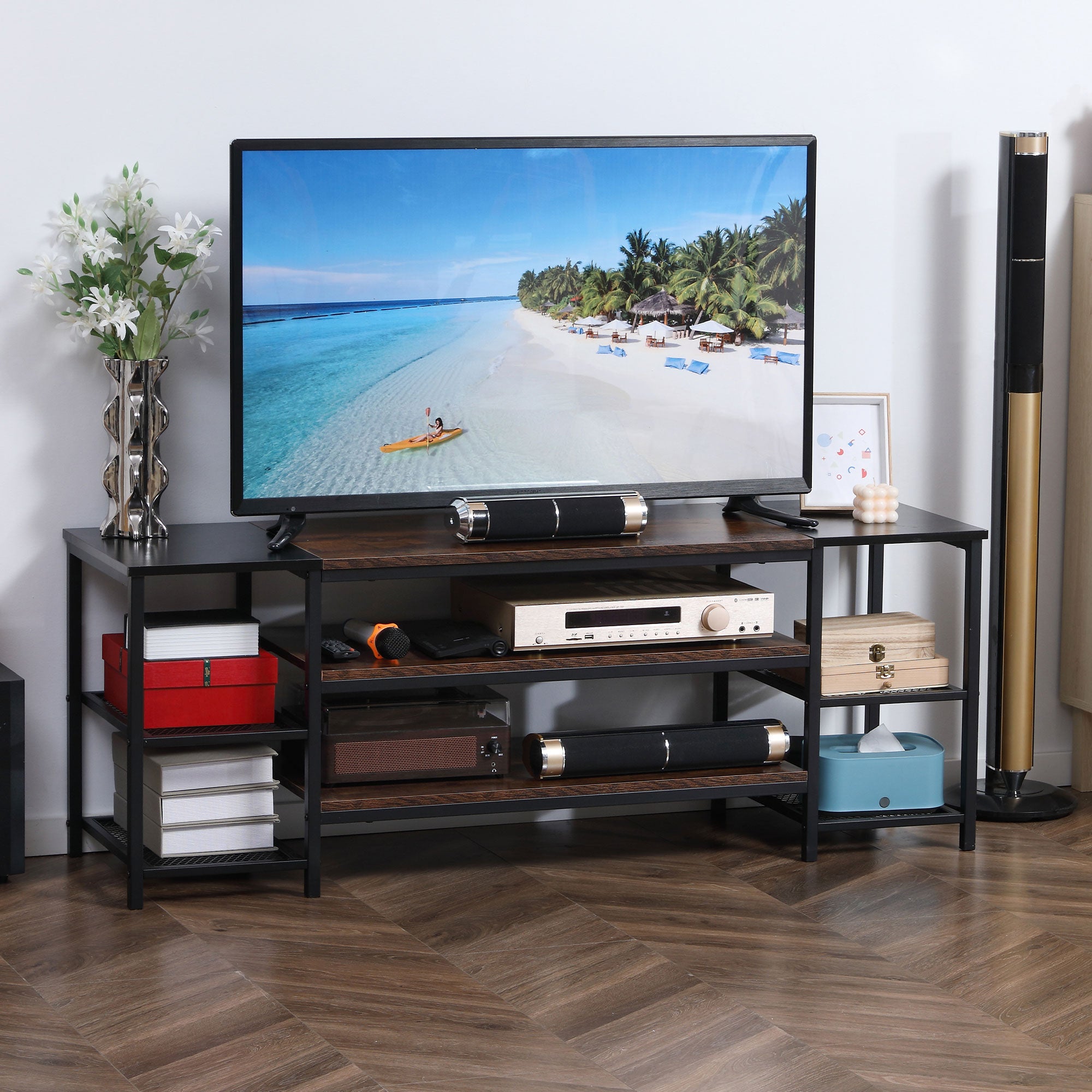 EASYCOMFORT  Mobile TV Moderno per TV fino a 65" con 6 Ripiani Aperti, in Acciaio e Truciolato, 140x40x50 cm, Marrone e Nero