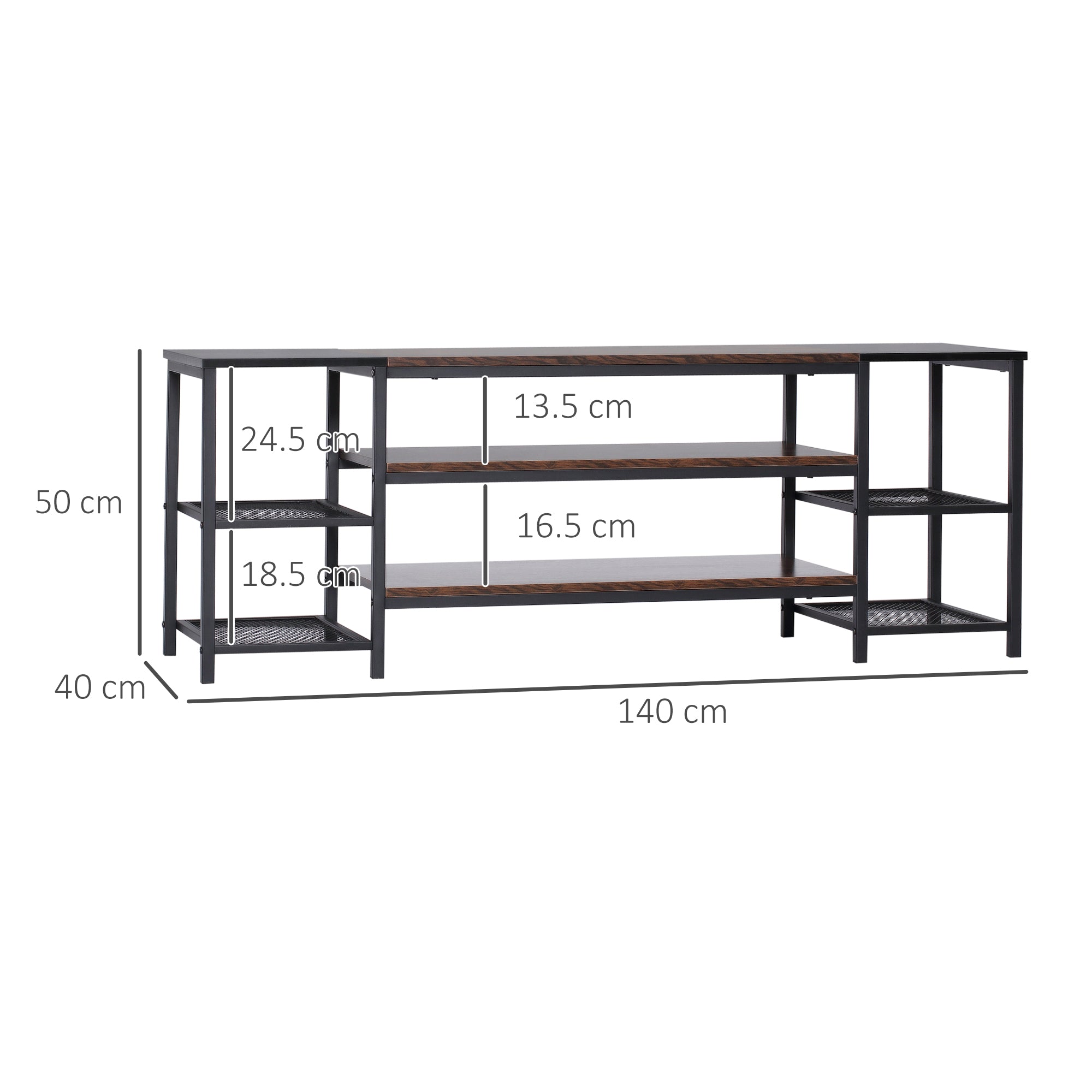 EASYCOMFORT  Mobile TV Moderno per TV fino a 65" con 6 Ripiani Aperti, in Acciaio e Truciolato, 140x40x50 cm, Marrone e Nero