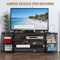 EASYCOMFORT  Mobile TV Moderno per TV fino a 65" con 6 Ripiani Aperti, in Acciaio e Truciolato, 140x40x50 cm, Marrone e Nero