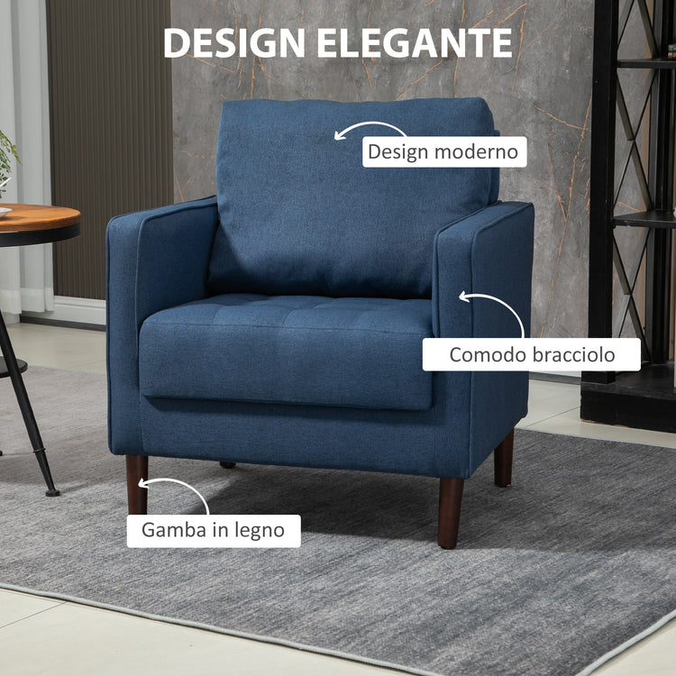 EASYCOMFORT  Poltrona Moderna in Tessuto Effetto Lino, Struttura in Legno e Imbottitura Spessa, 76x70x87cm, Blu