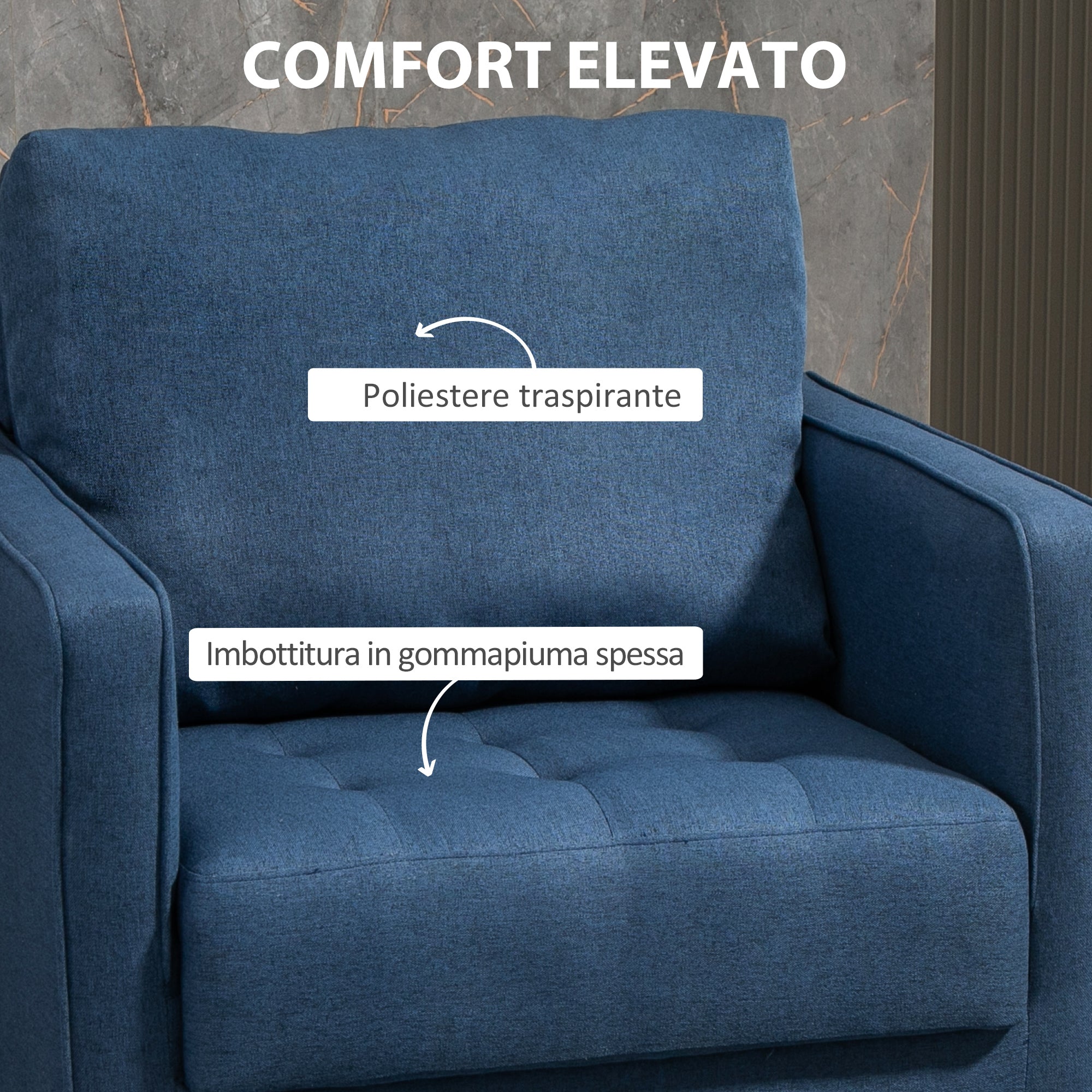 EASYCOMFORT  Poltrona Moderna in Tessuto Effetto Lino, Struttura in Legno e Imbottitura Spessa, 76x70x87cm, Blu