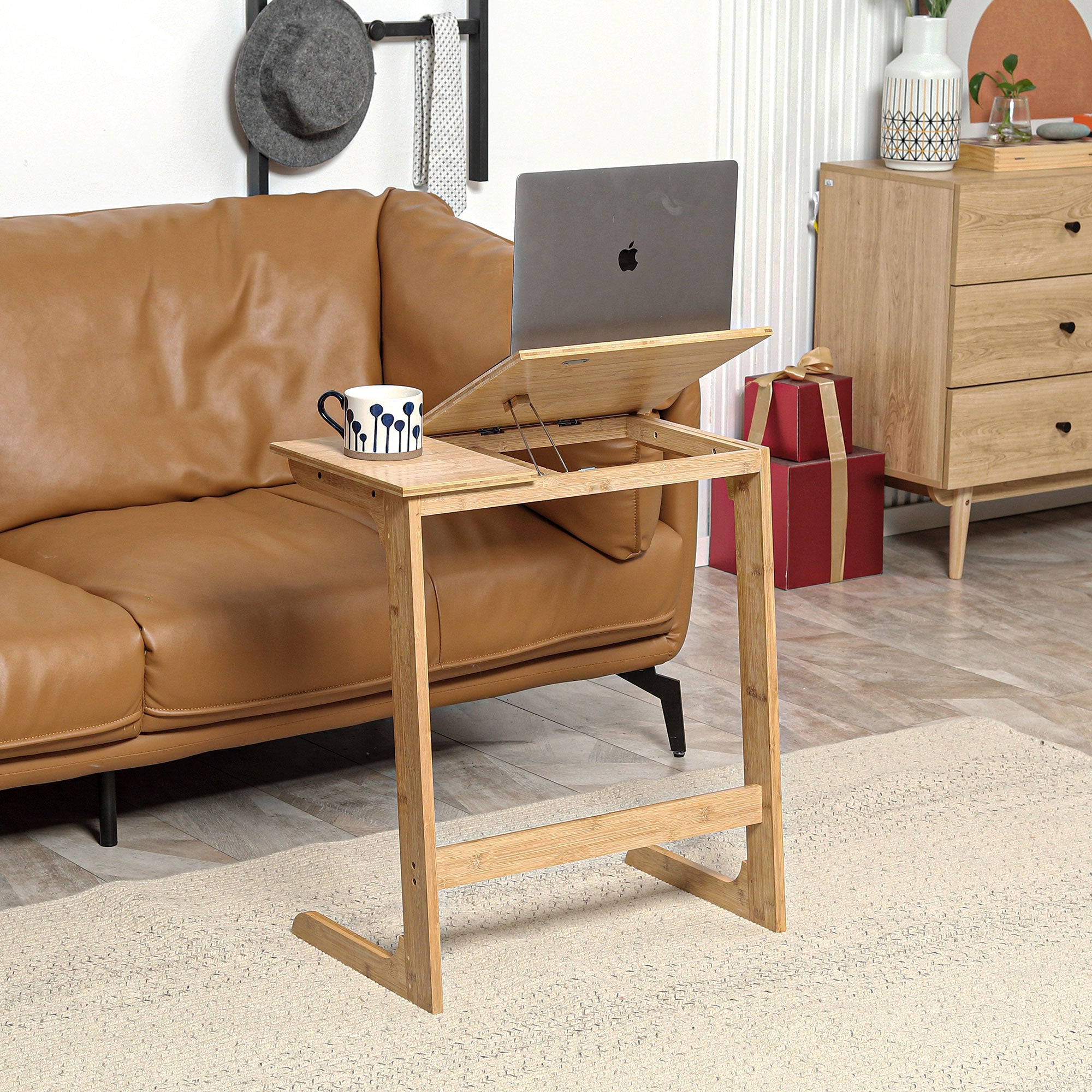 EasyComfort Tavolino da Divano a Forma di C in Legno di Bambù con Piano Inclinabile su 5 Livelli, 60x33x67cm