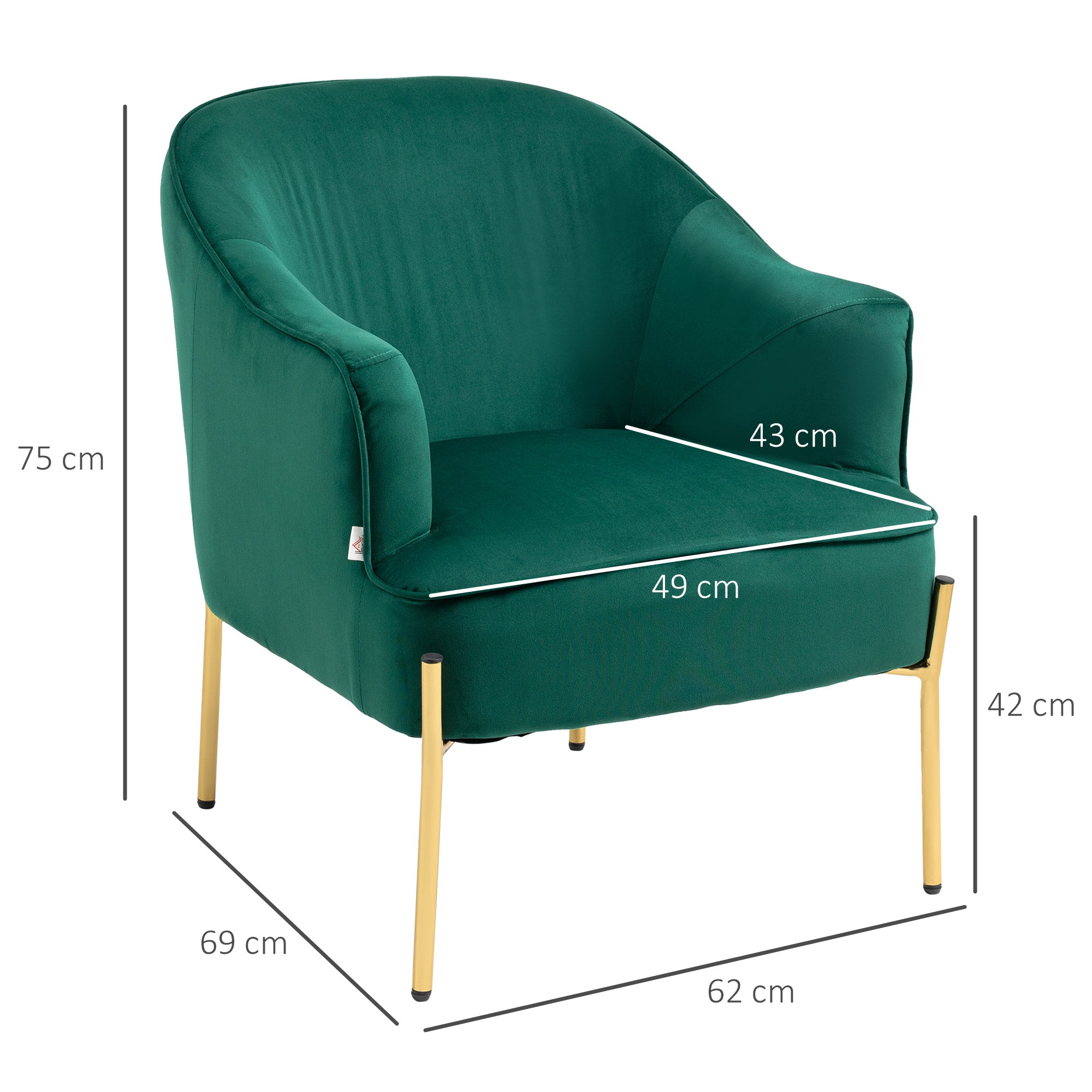 EasyComfort Poltrona da Camera da Letto in Tessuto Effetto Velluto con Gambe in Acciaio, 62x69x75 cm, Verde