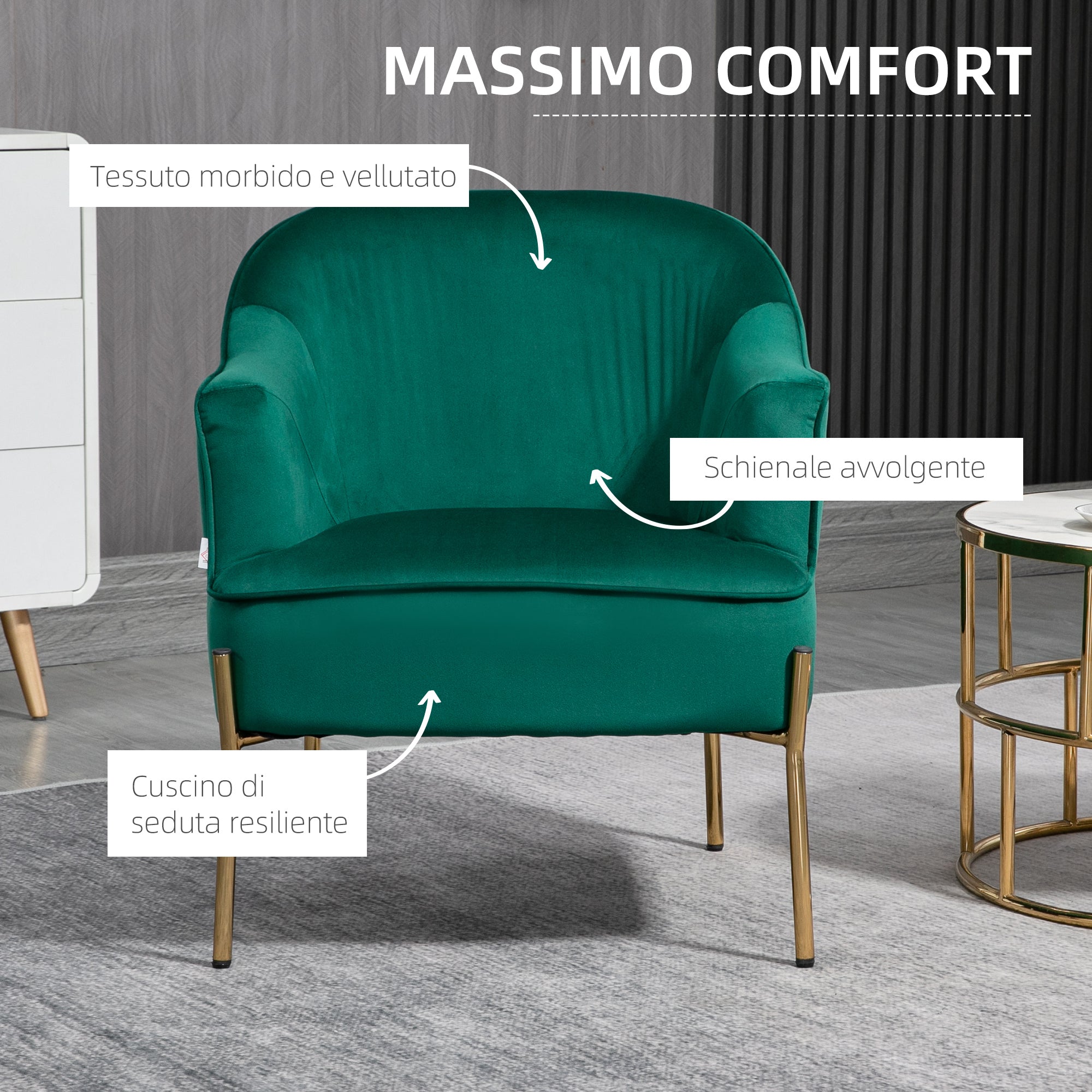 EasyComfort Poltrona da Camera da Letto in Tessuto Effetto Velluto con Gambe in Acciaio, 62x69x75 cm, Verde