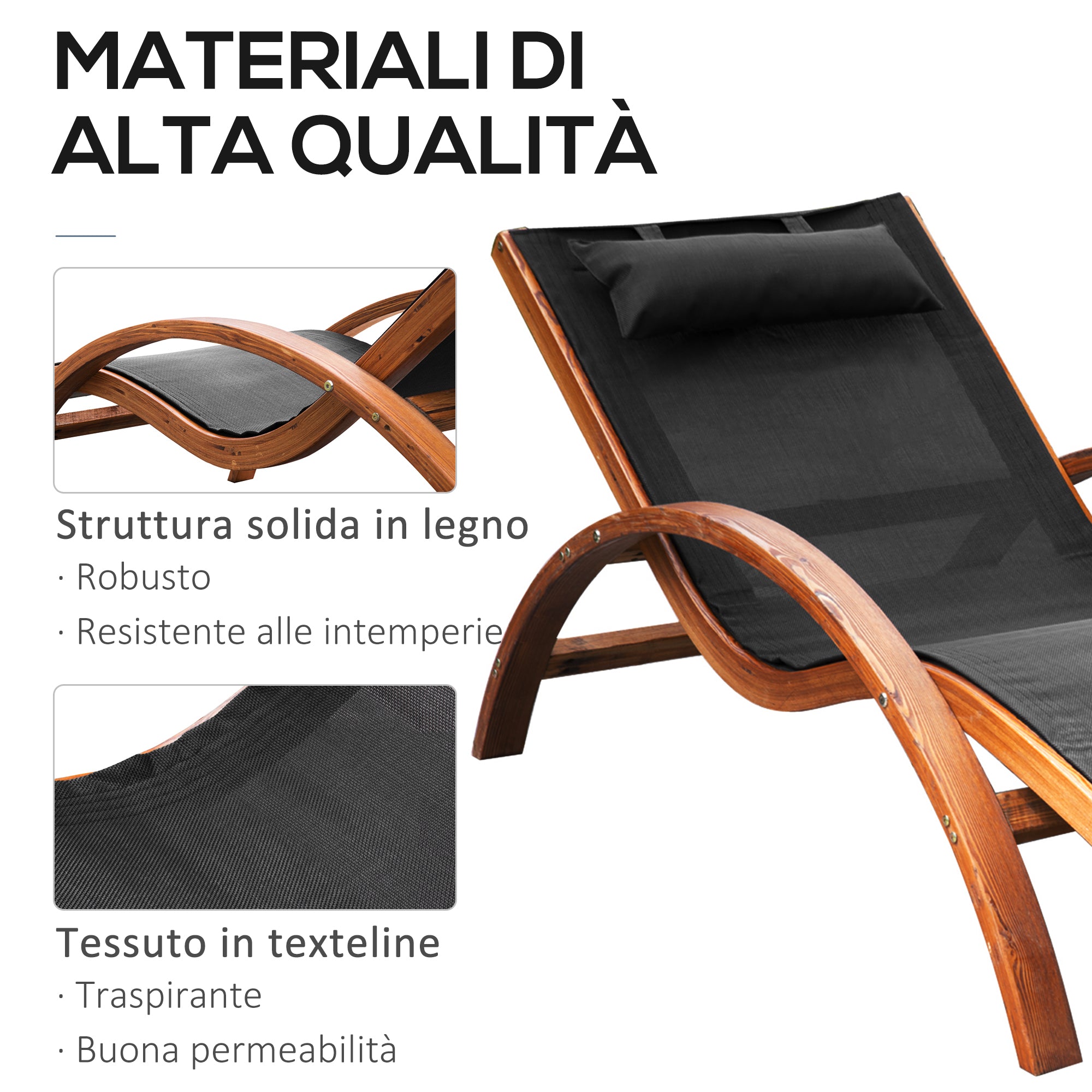 EasyComfort Lettino Prendisole Chaise Longue con Poggiatesta in Legno e Tessuto a Rete, 165x72x86cm