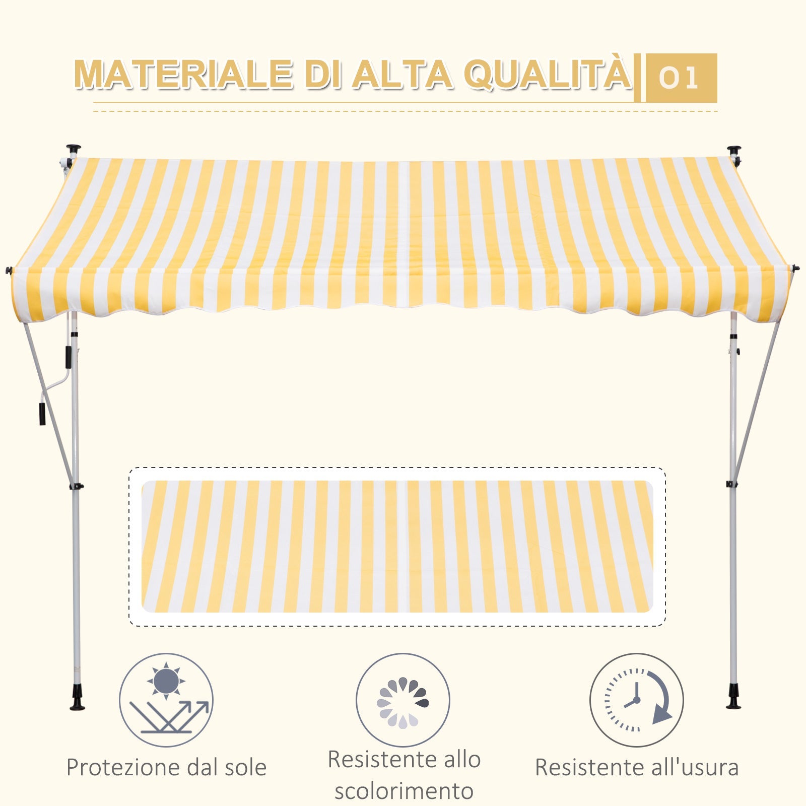 Tenda da Sole a Muro con Pali di Supporto 3x1.5m Bianco e Giallo