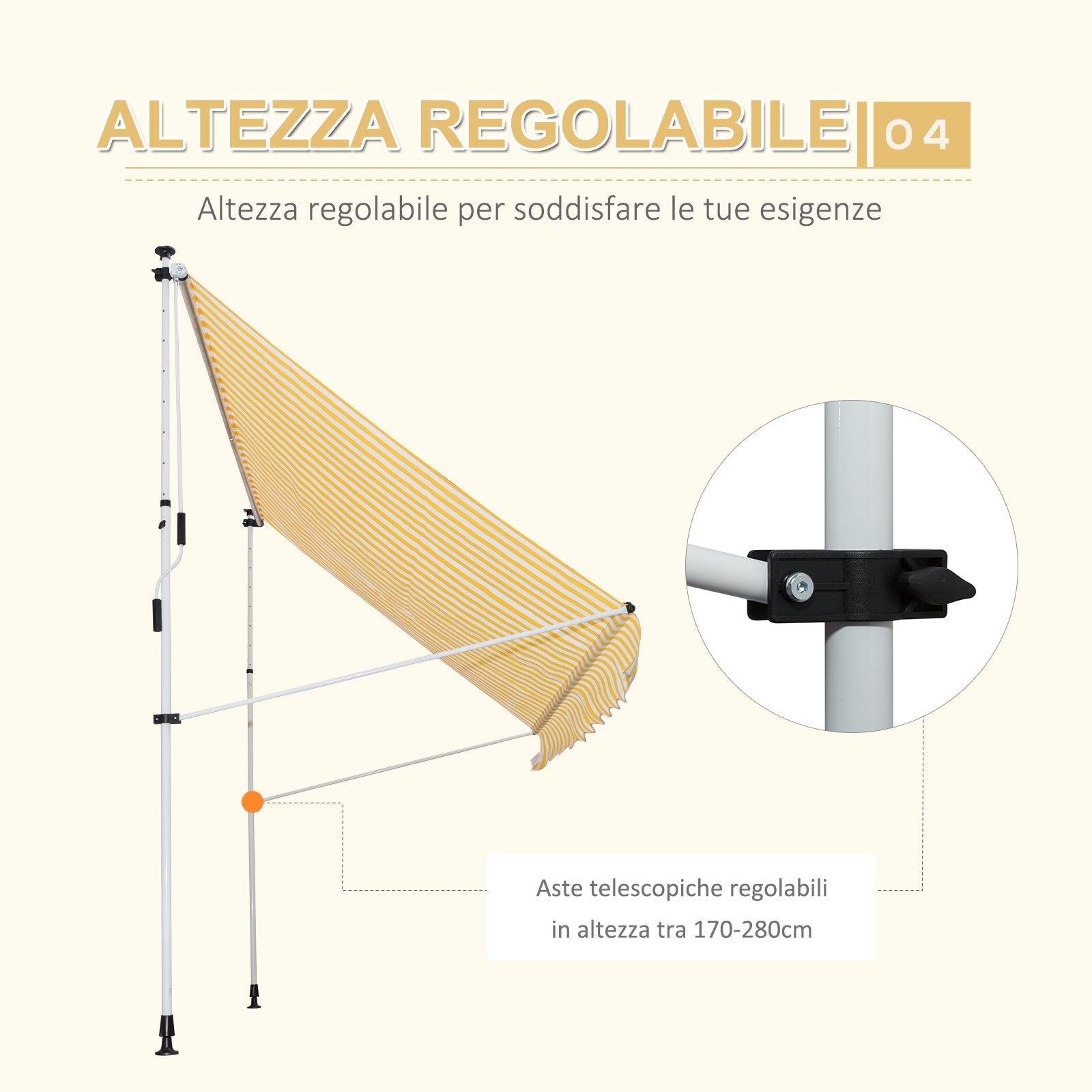 Tenda da Sole a Muro con Pali di Supporto 3x1.5m Bianco e Giallo