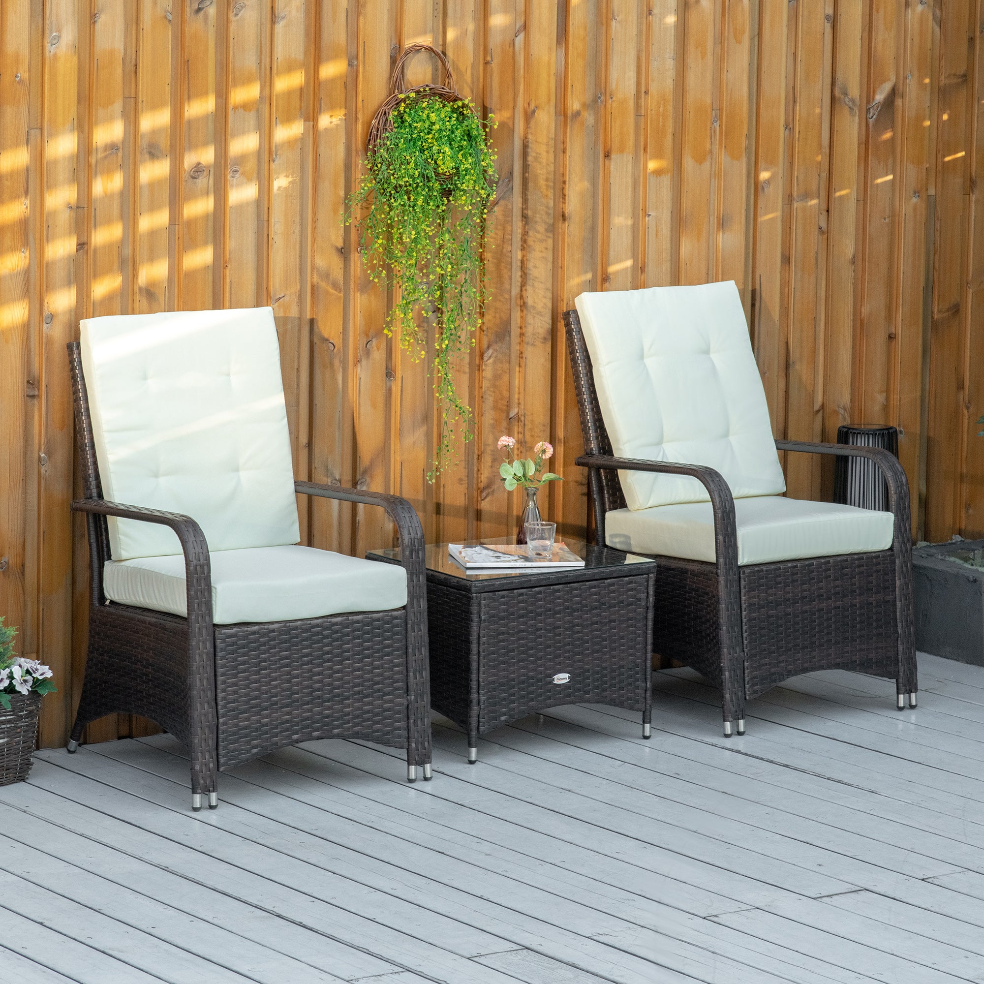 EasyComfort Set Mobili da Giardino in Rattan PE con Tavolino e 2 Sedie con Cuscini Sfoderabili, Marrone e Crema