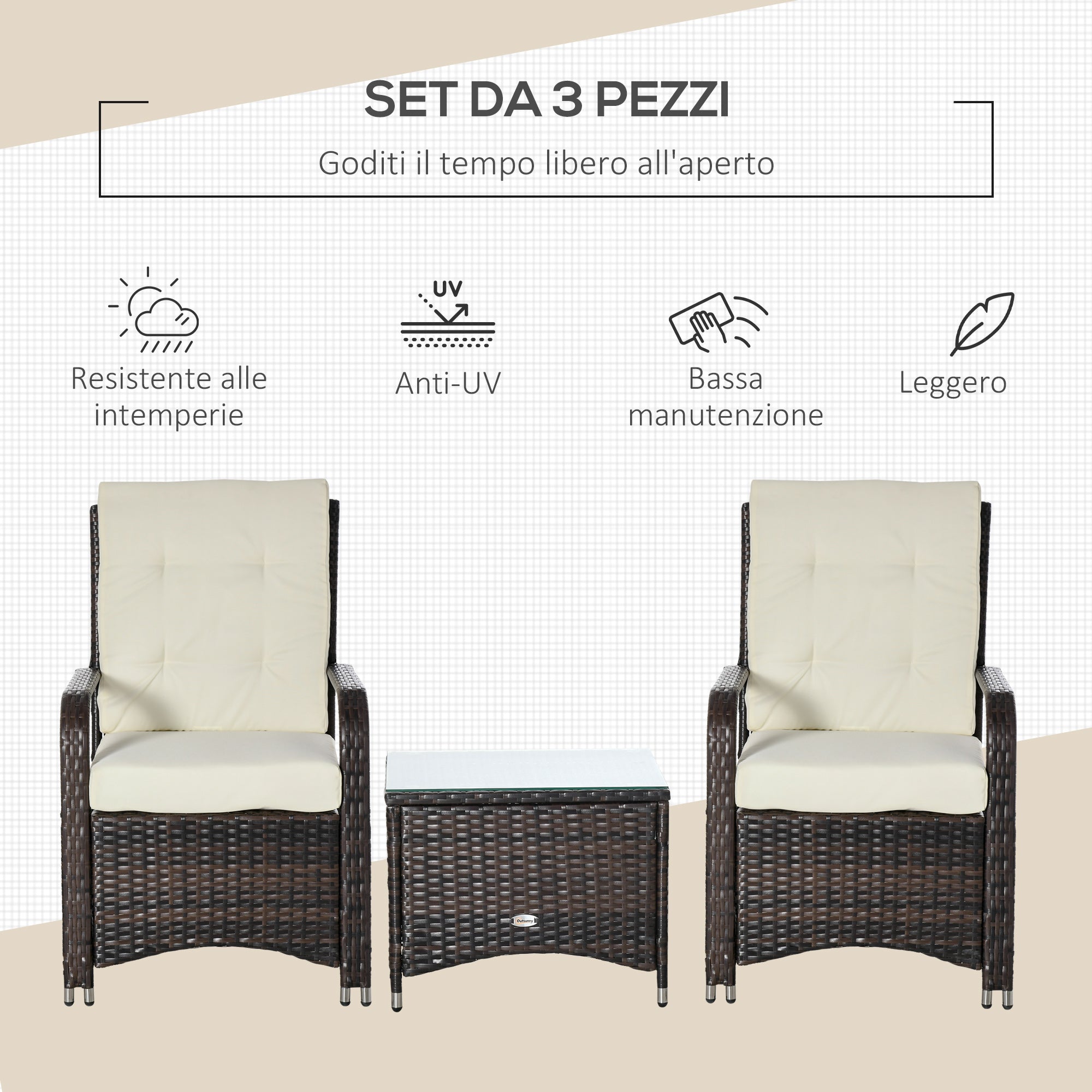 EasyComfort Set Mobili da Giardino in Rattan PE con Tavolino e 2 Sedie con Cuscini Sfoderabili, Marrone e Crema