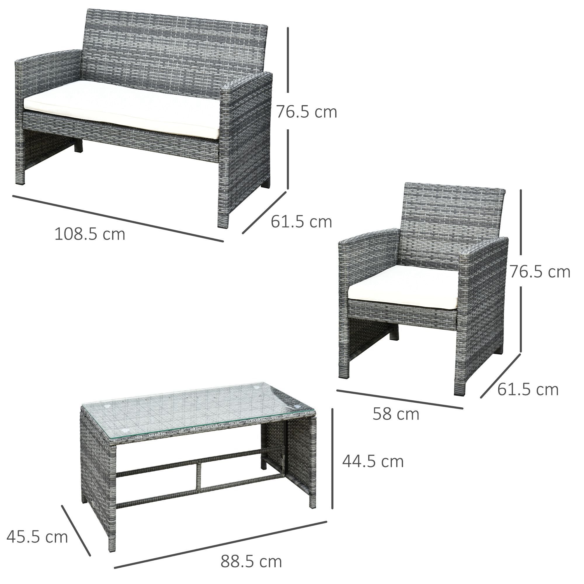 Set Mobili da Esterno in Rattan Sintetico Divanetto e 2 Poltrone con Tavolino e Cuscini Grigio