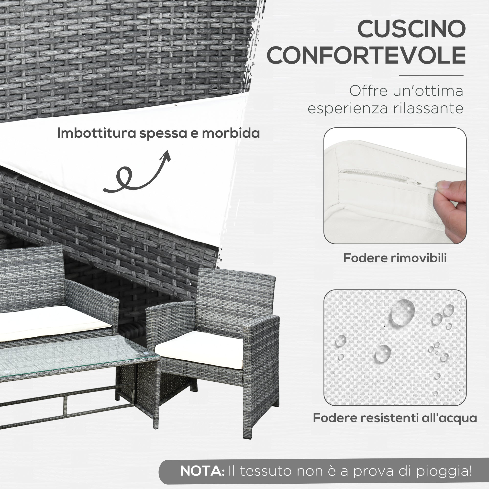 Set Mobili da Esterno in Rattan Sintetico Divanetto e 2 Poltrone con Tavolino e Cuscini Grigio