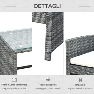 Set Mobili da Esterno in Rattan Sintetico Divanetto e 2 Poltrone con Tavolino e Cuscini Grigio