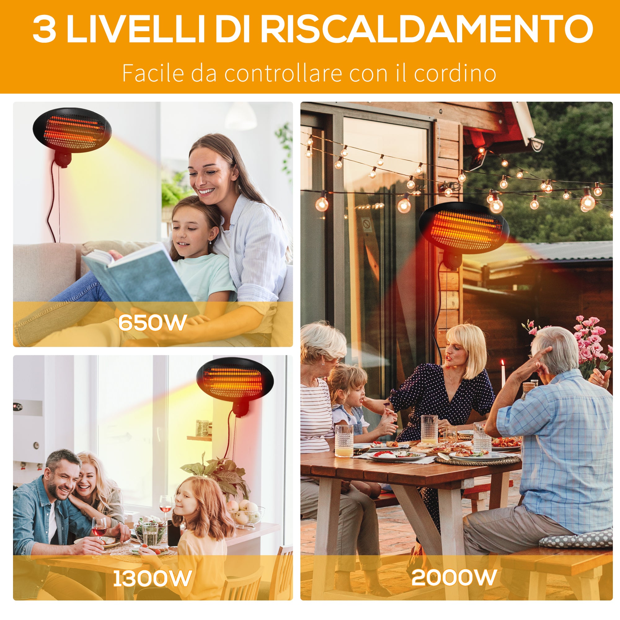 Easycomfort Lampada al Quarzo da Parete Riscaldante Elettrica da Giardino Potenza 650W/1300W/2000W 50x16x36cm