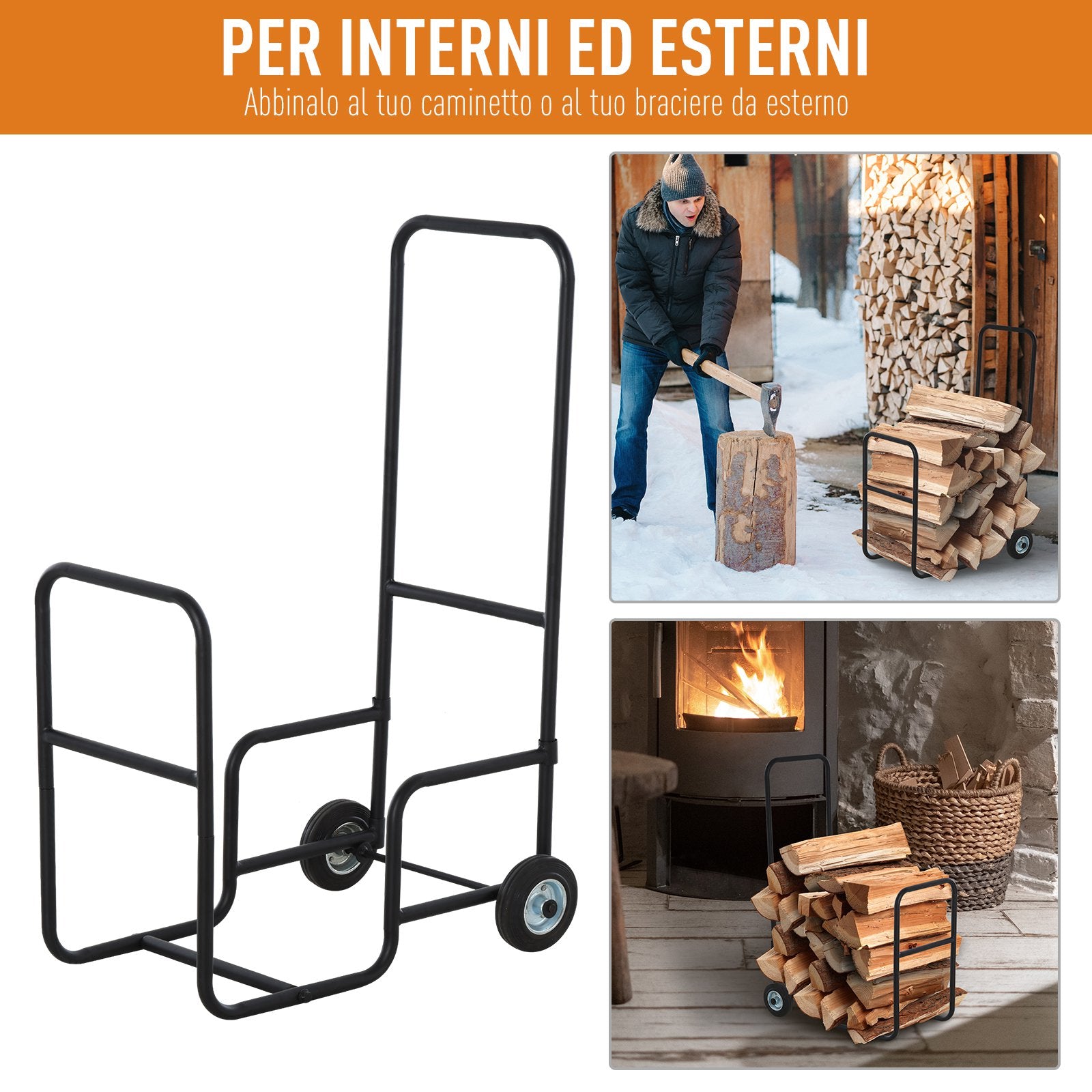 Easycomfort Carrello Portalegna in Acciaio Nero con 2 Ruote per Interno ed Esterno, Max. 30kg, 56x40x90.5cm