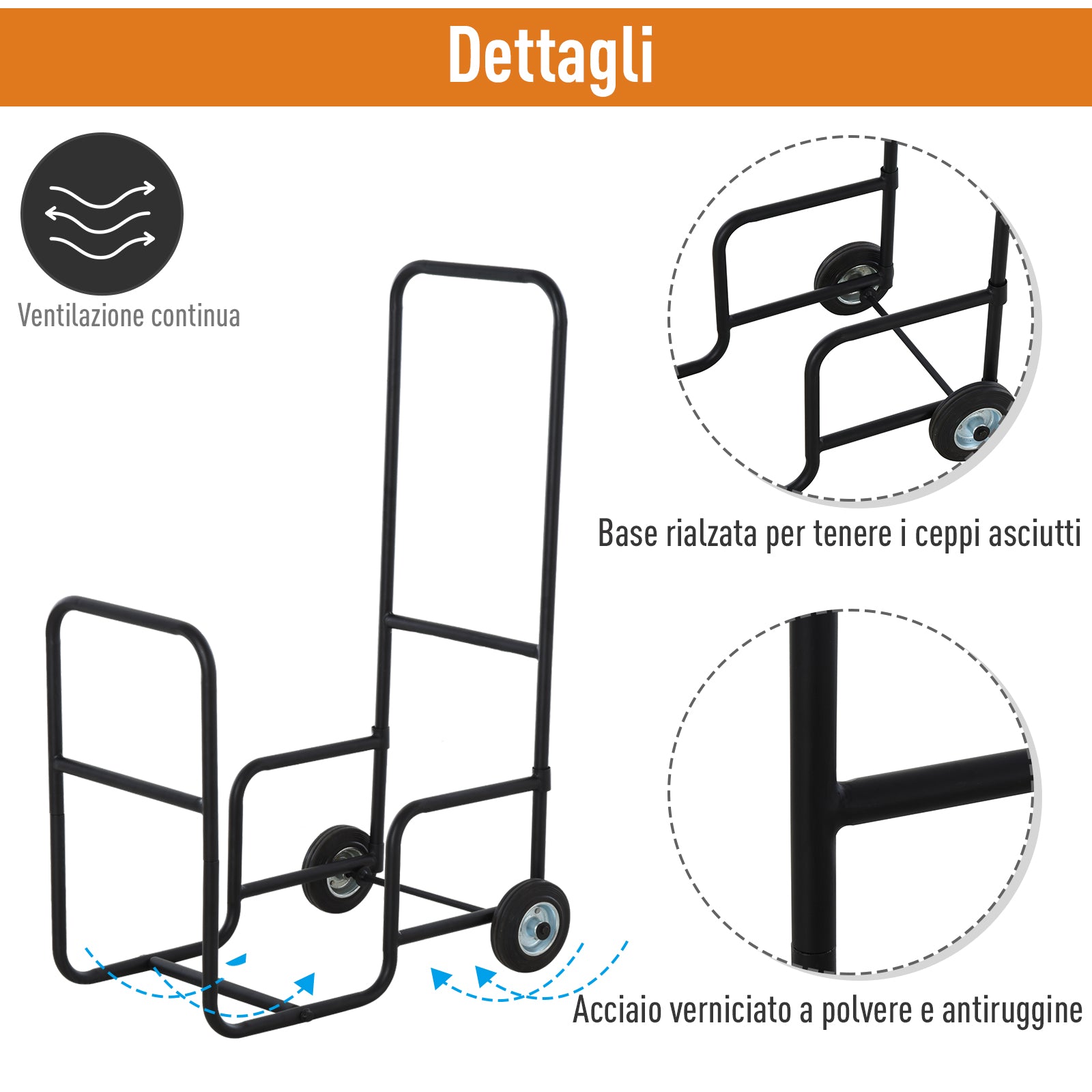 Easycomfort Carrello Portalegna in Acciaio Nero con 2 Ruote per Interno ed Esterno, Max. 30kg, 56x40x90.5cm