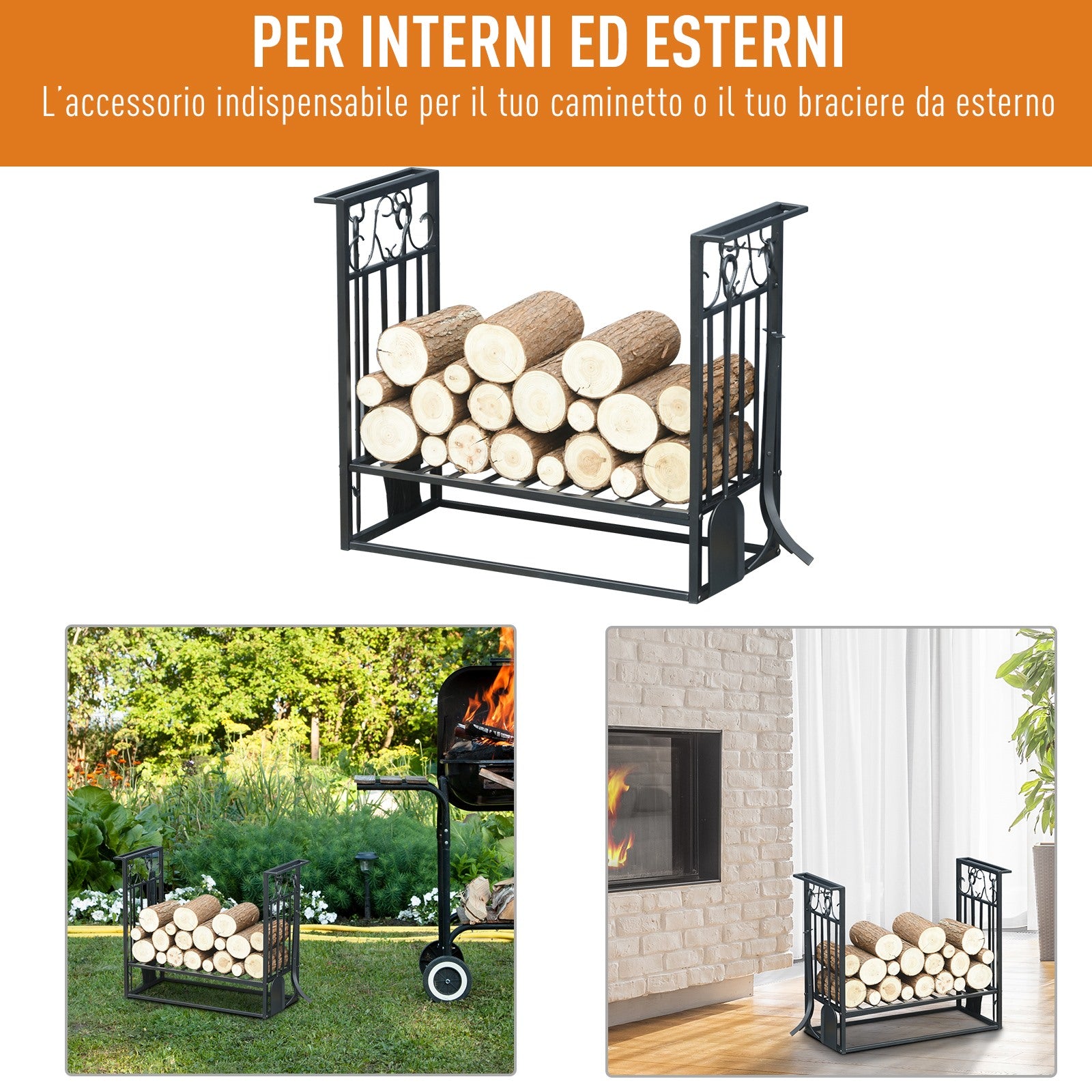 EasyComfort Portalegna in Acciaio Nero per Interni ed Esterni con 4 Attrezzi Inclusi